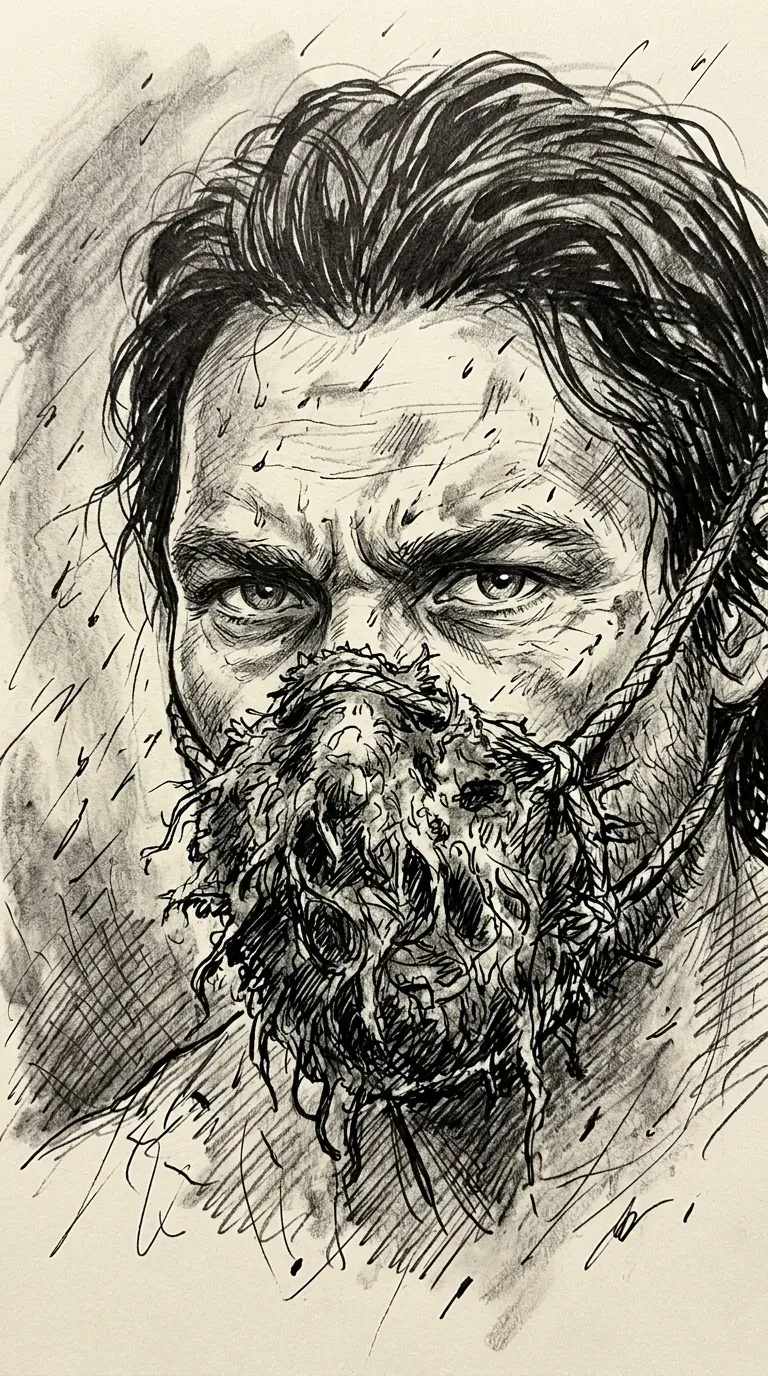 Ink portrait of a man wearing a mask made of moss in the rain