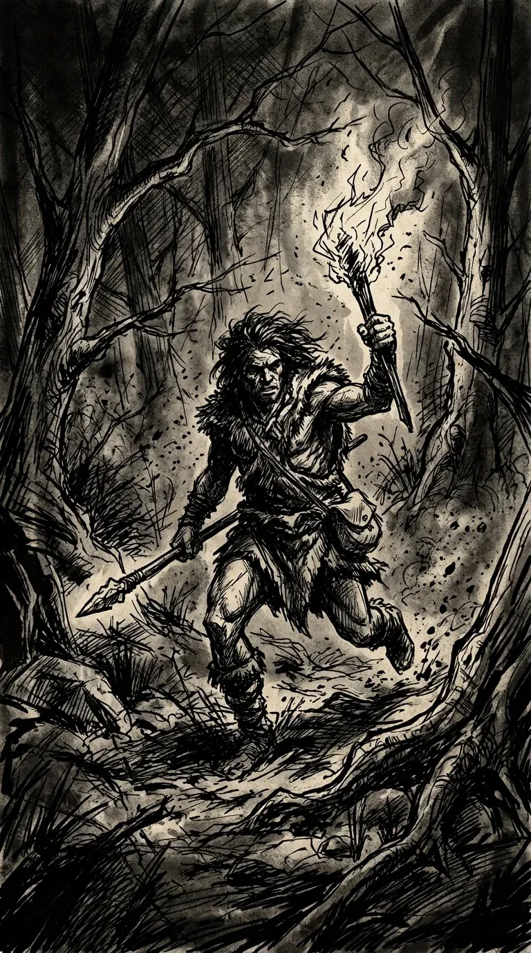 Ink illustration of a prehistoric hunter running with a torch and spear