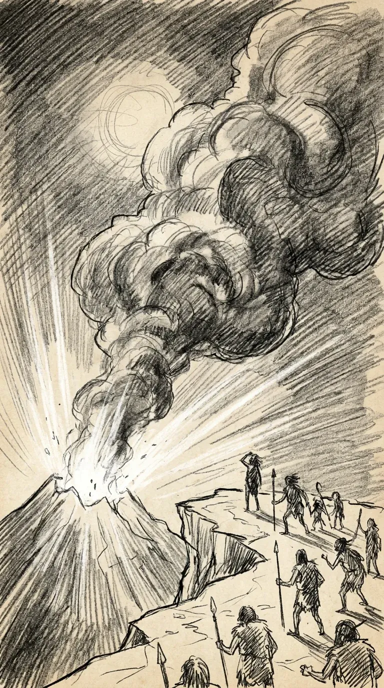 Pencil sketch of a tribe watching a volcano erupt from a cliff