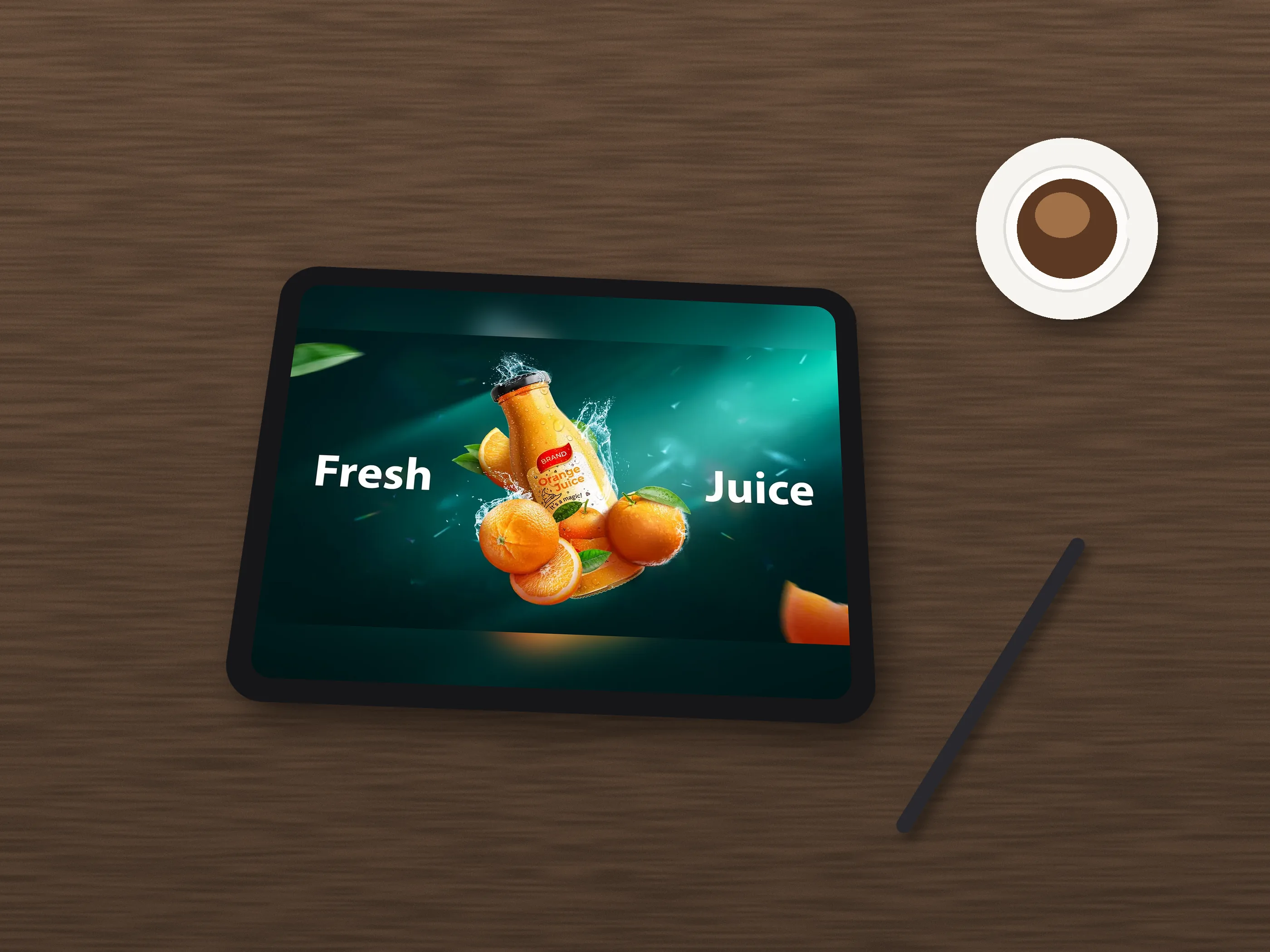 Orange juice bottle splashing among oranges on a teal banner, shown as a mockup