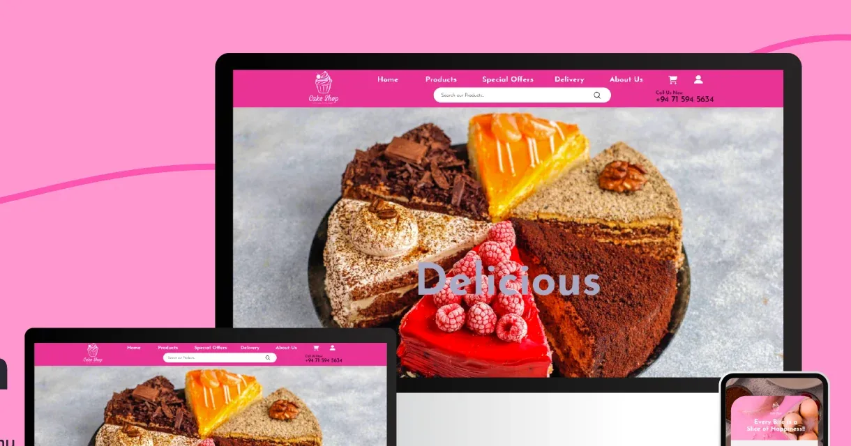 Cake Shop website shown on a desktop monitor, tablet and phone