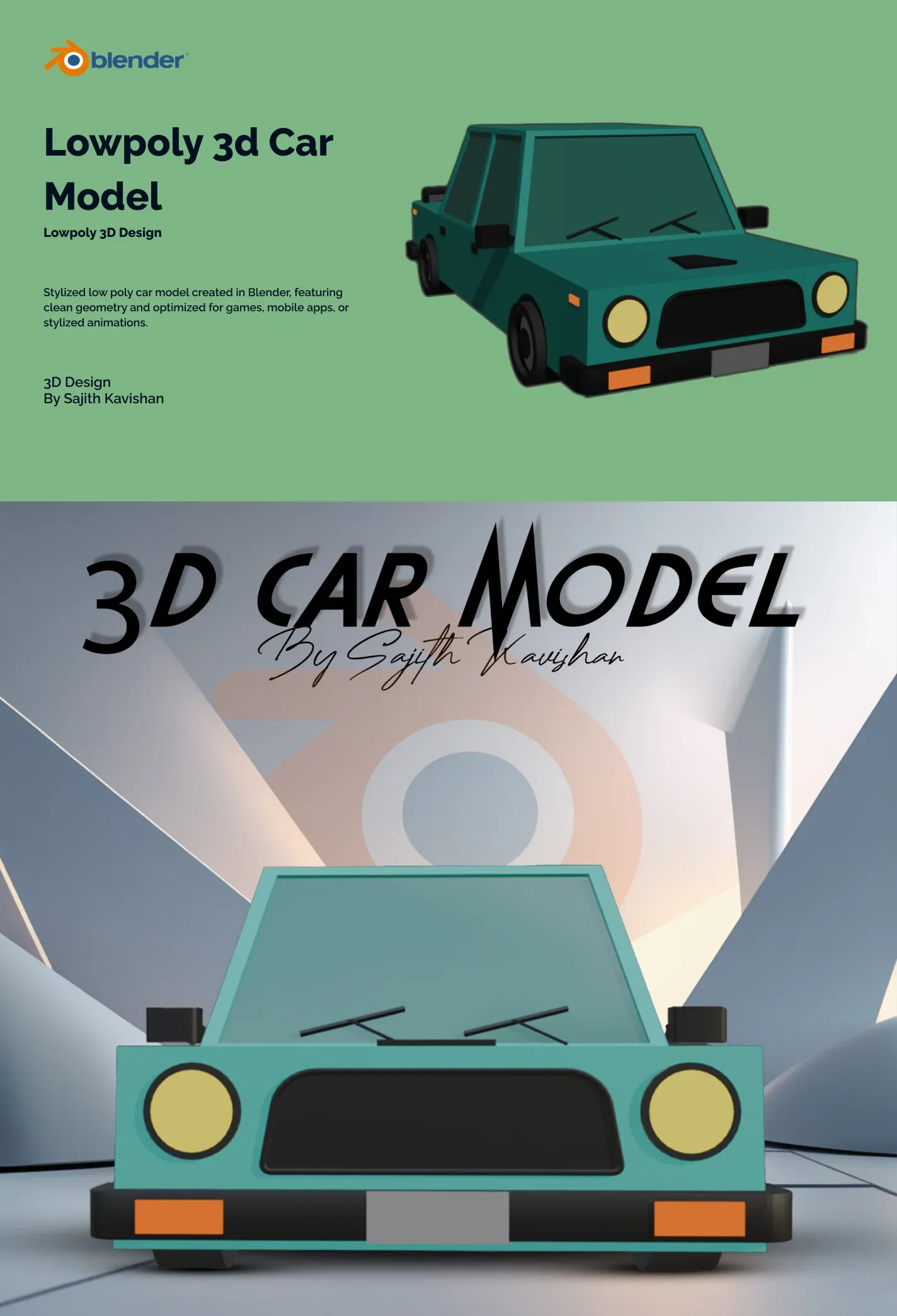 Title board for the low-poly car model showing the teal car in three-quarter view