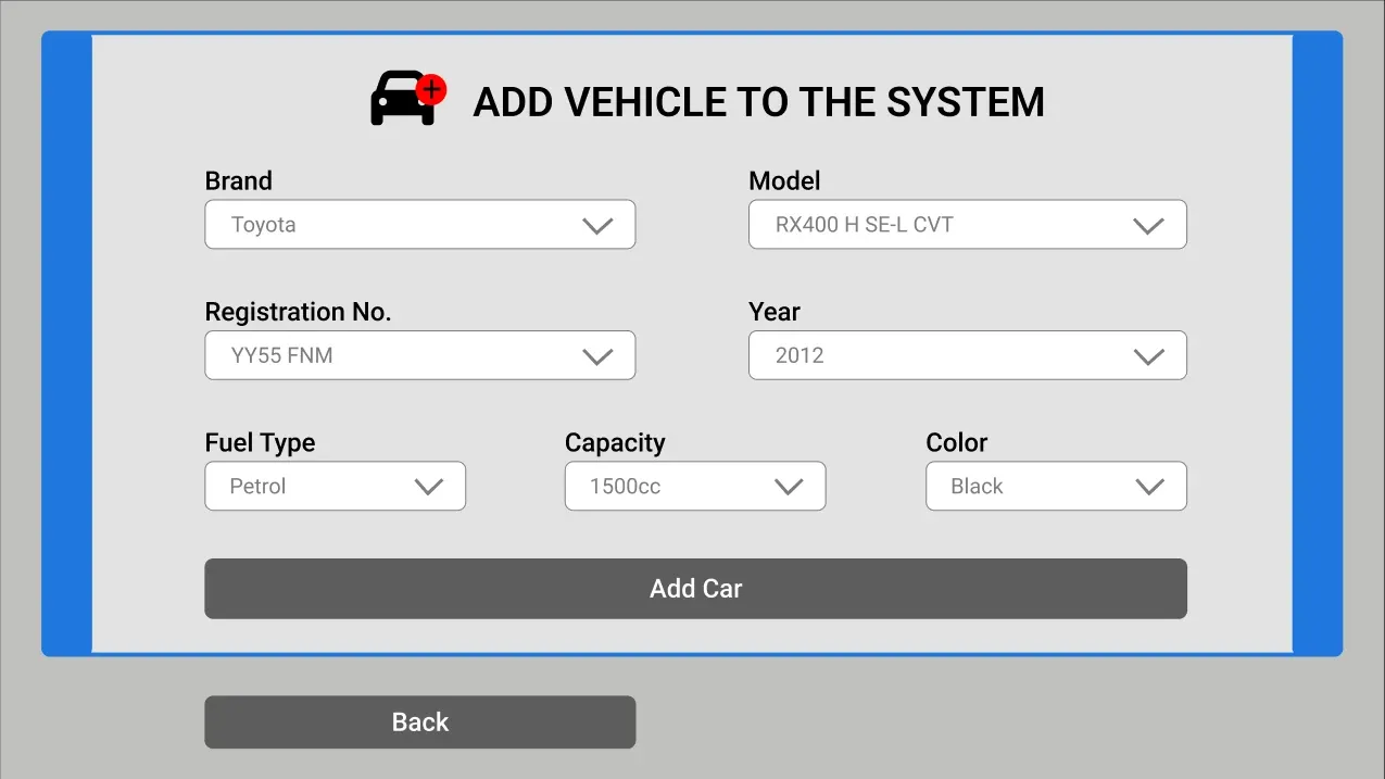 Add vehicle form with dropdowns for brand, model, registration number, year, fuel type, capacity and colour