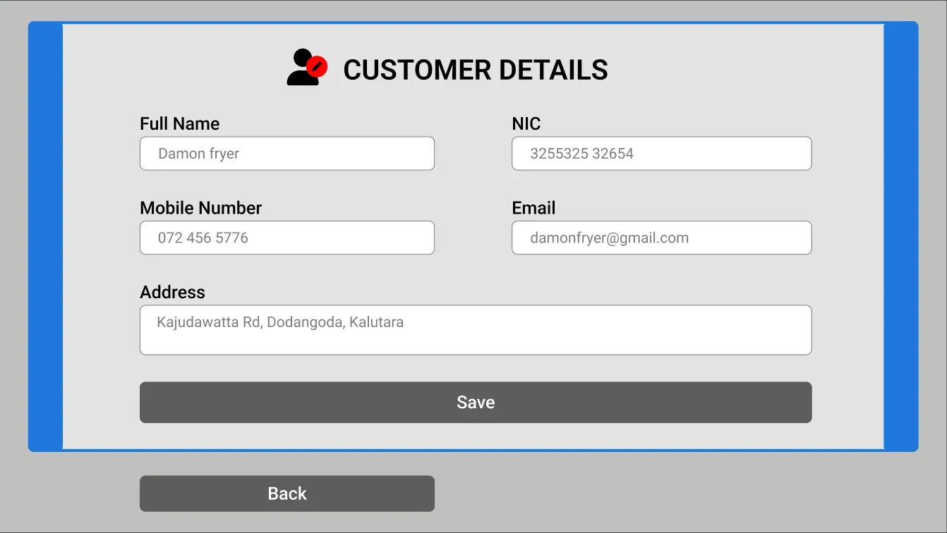 Customer details form with full name, NIC, mobile number, email and address fields