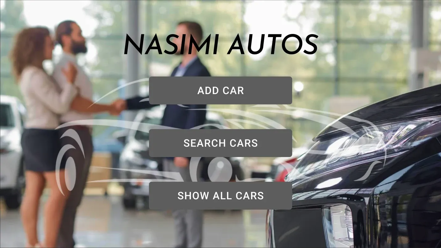 Start screen of the car sale app: the showroom name over a blurred dealership photo, with Add Car, Search Cars and Show All Cars buttons