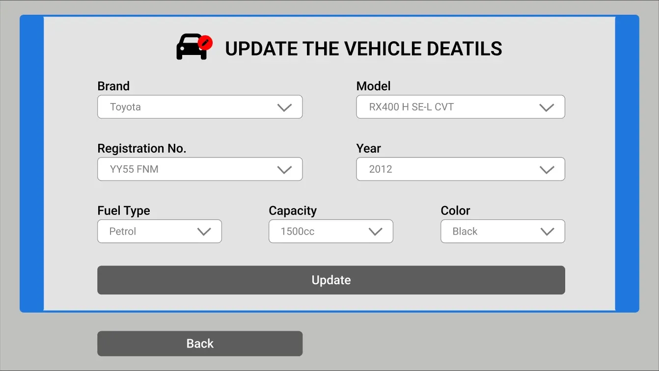 Update vehicle details form pre-filled with the selected car’s brand, model, registration, year, fuel type, capacity and colour