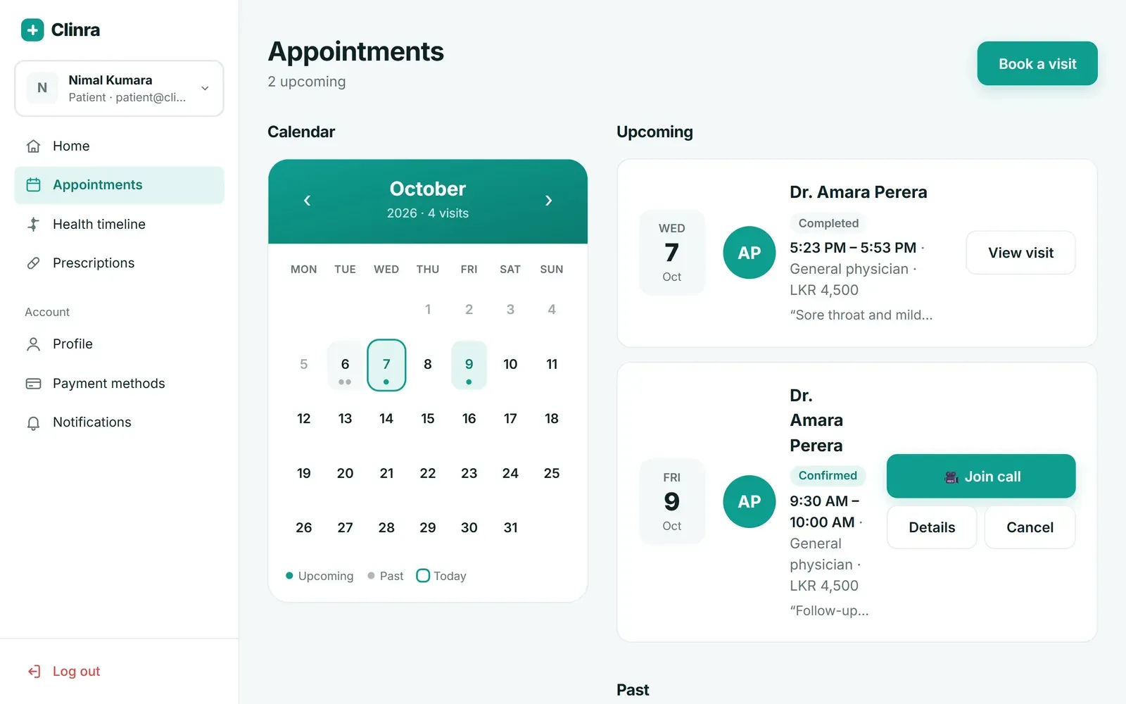 Appointments page with a month calendar and visit list