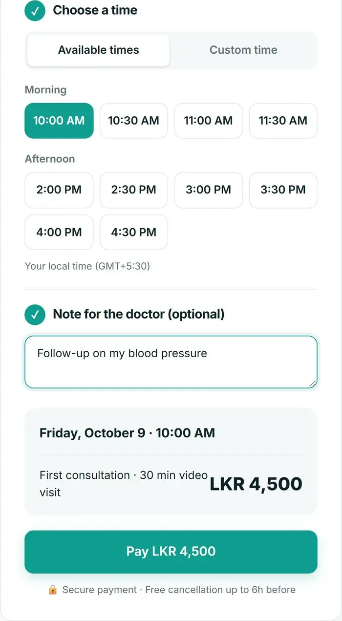 Booking card with morning and afternoon time slots, the patient’s local timezone and a Pay button