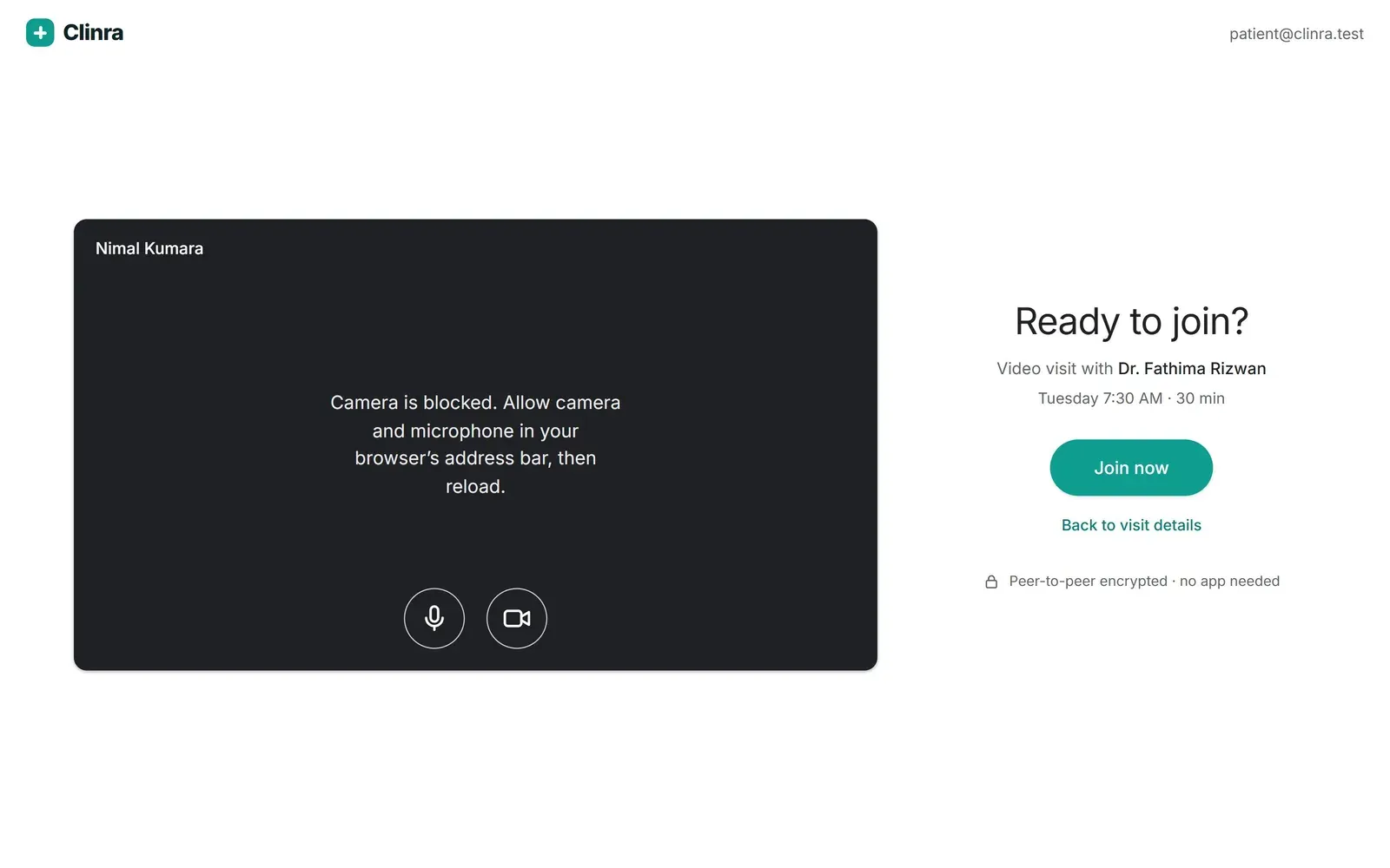 Ready-to-join screen explaining that the camera is blocked and how to allow it