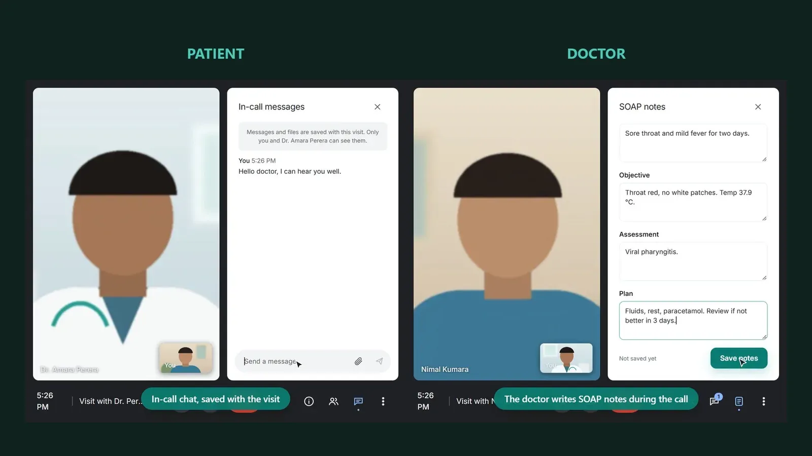 Clinra call screen with round controls and side panels for chat and notes
