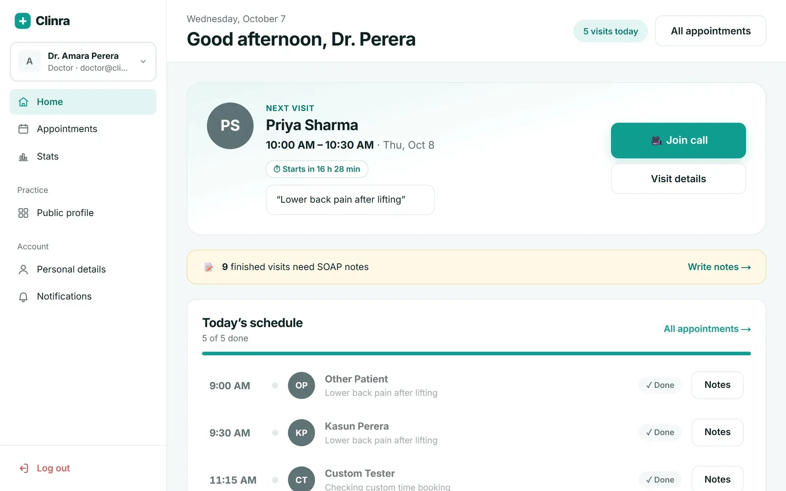 Doctor home with the next visit, a notes reminder and today’s schedule