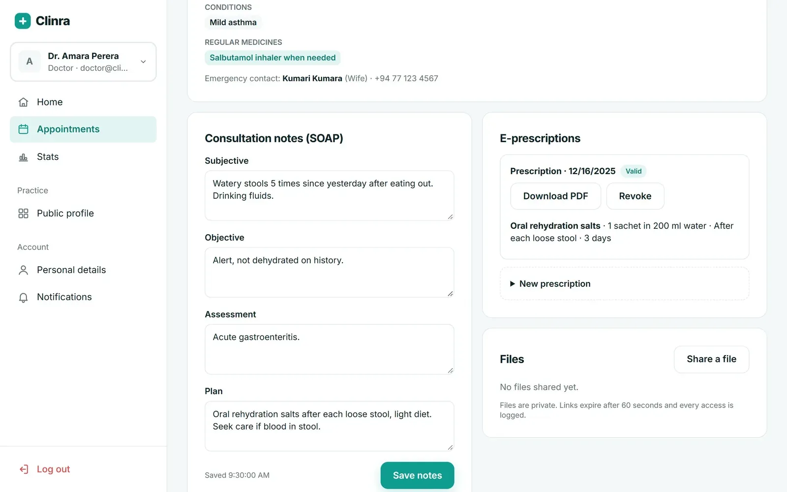 Doctor’s visit page with SOAP note fields and an issued e-prescription