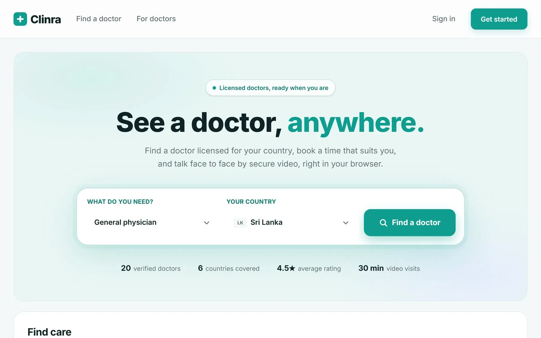 Clinra landing page on desktop: the headline "See a doctor, anywhere" with a search for specialty and country