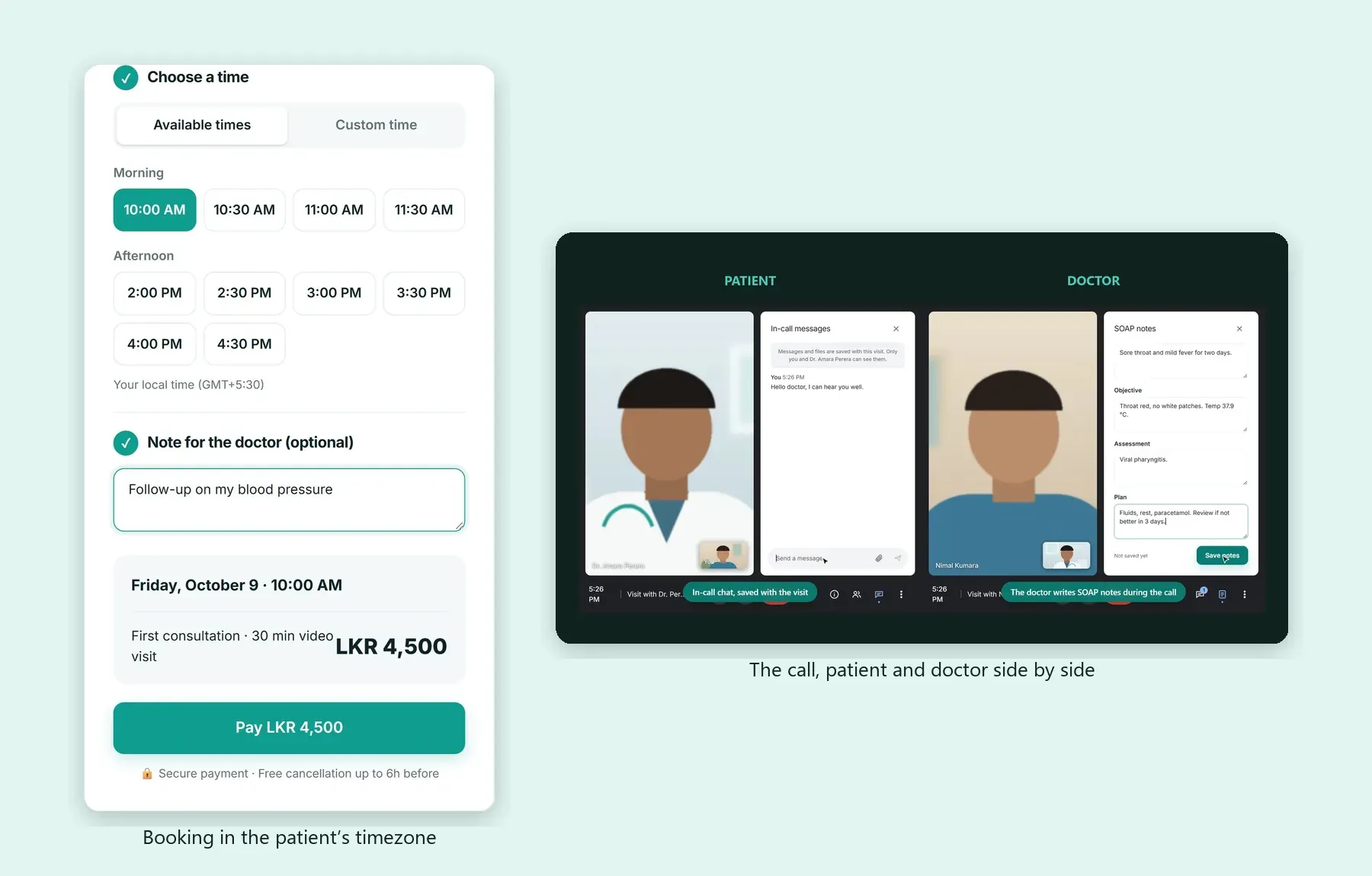 Clinra booking card with time slots in the patient’s timezone, beside the video call with patient and doctor side by side