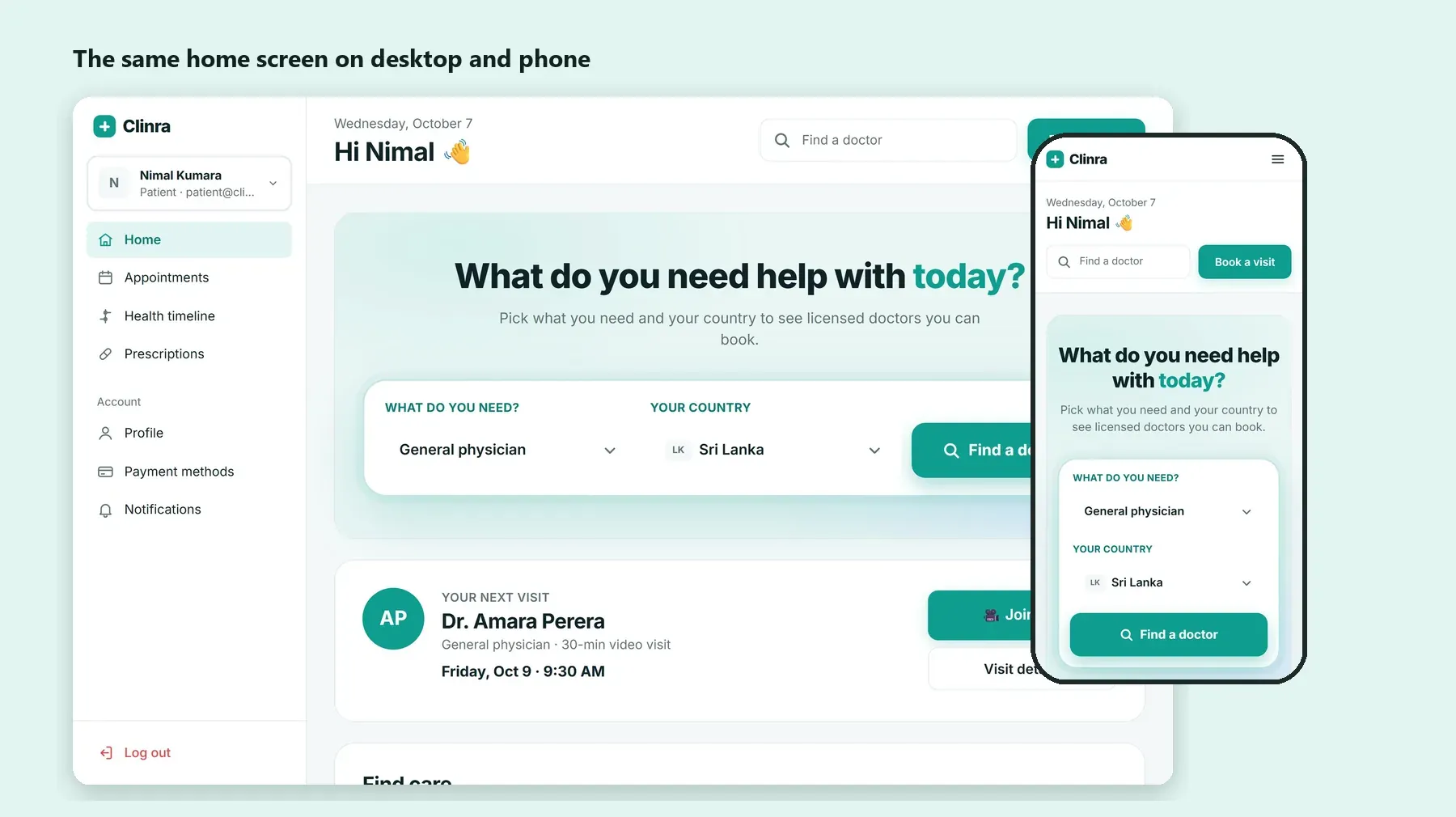 The same Clinra home screen on desktop and on a phone