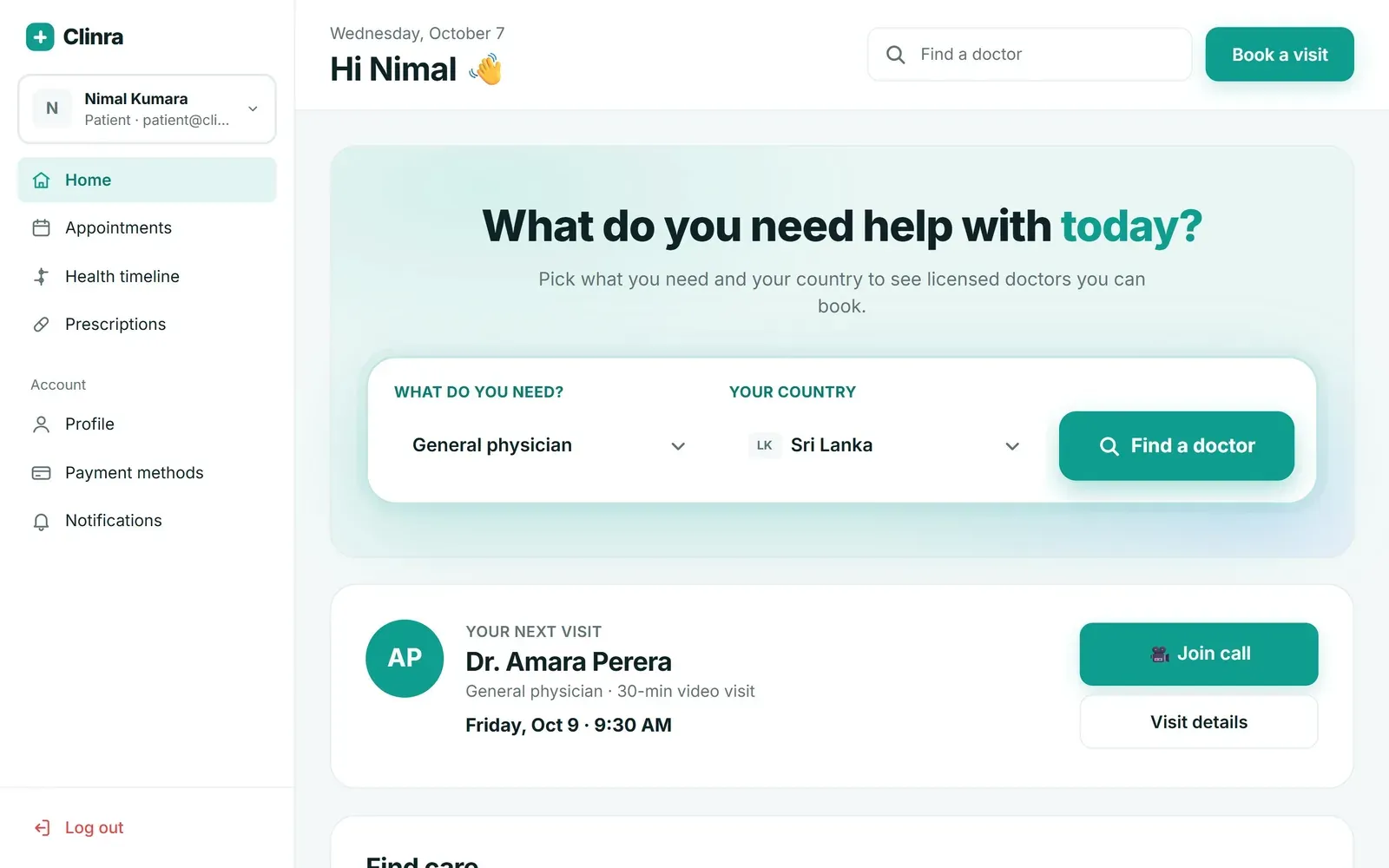 Clinra patient home screen on desktop