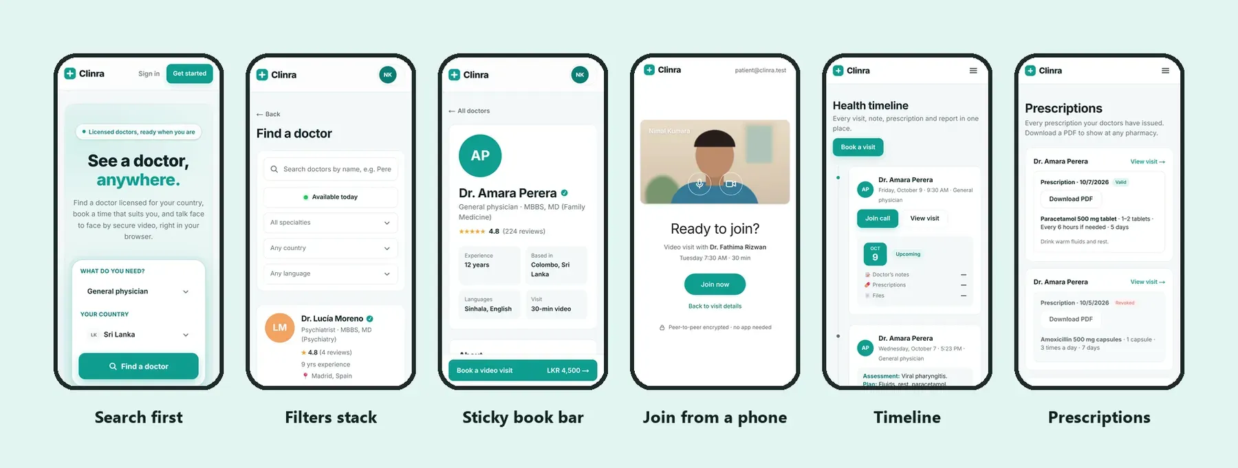 Six Clinra phone screens: search first, filters stack, sticky book bar, join from a phone, timeline and prescriptions
