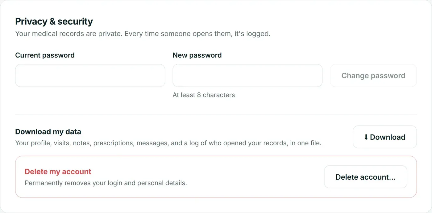 Privacy and security settings with password change, download my data and delete my account
