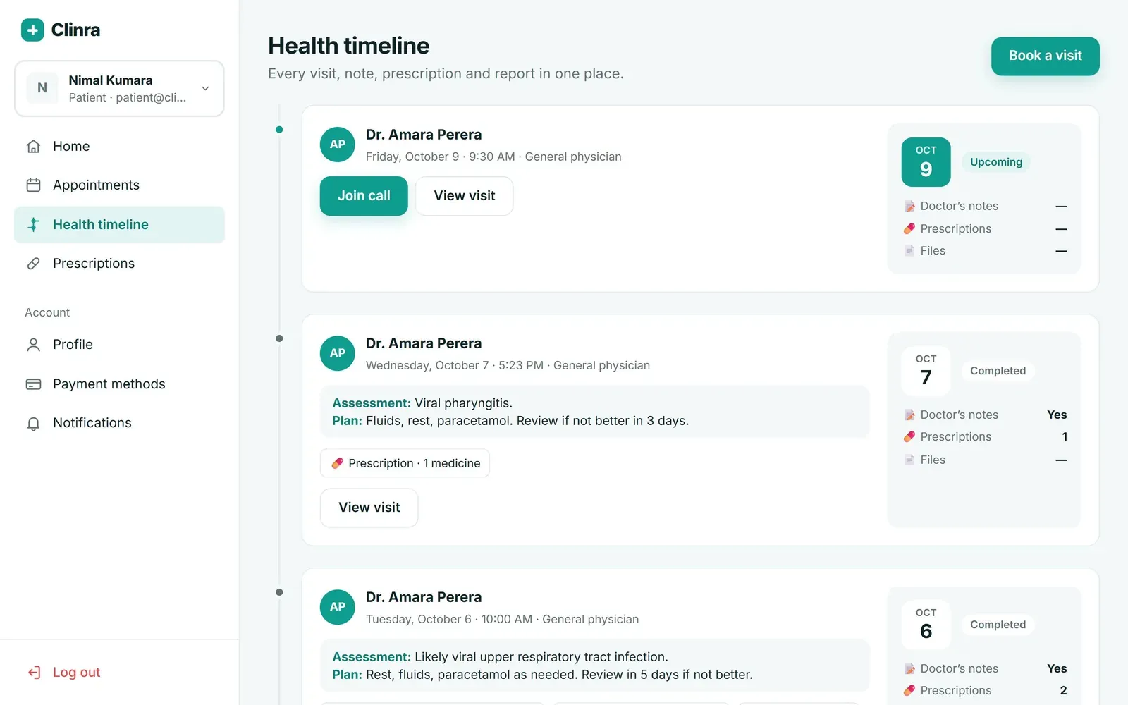 Health timeline listing visits with notes, prescriptions and files