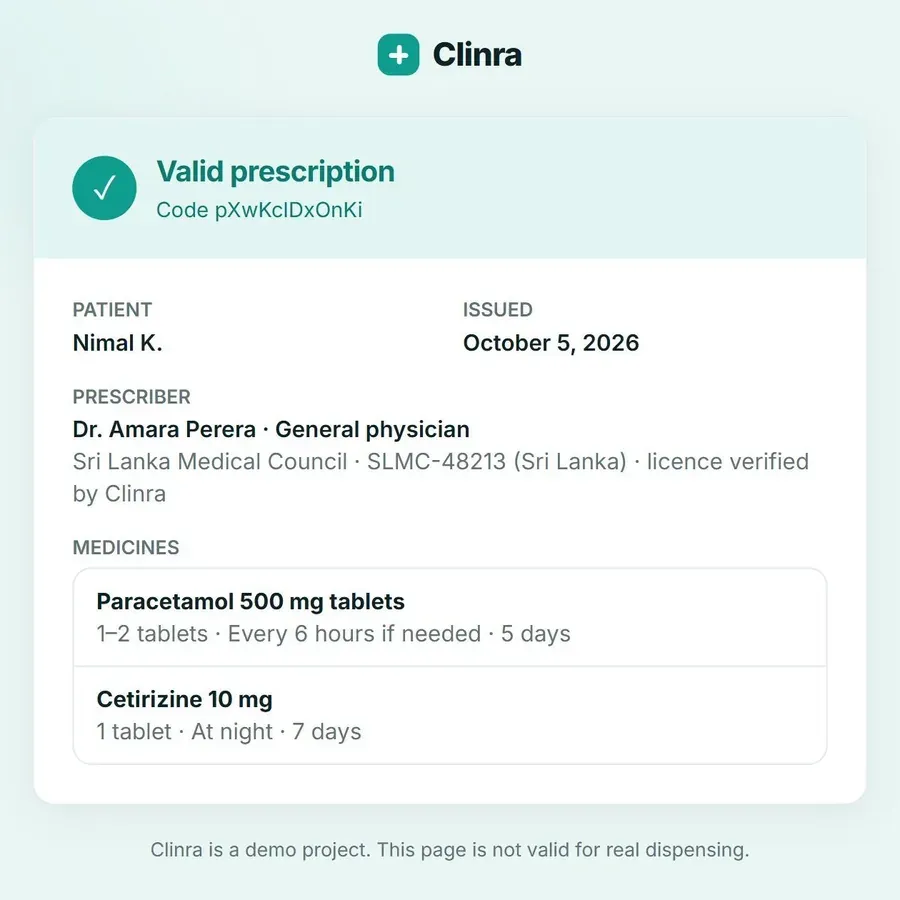 Clinra prescription verification page showing a valid prescription with patient, prescriber licence and medicines