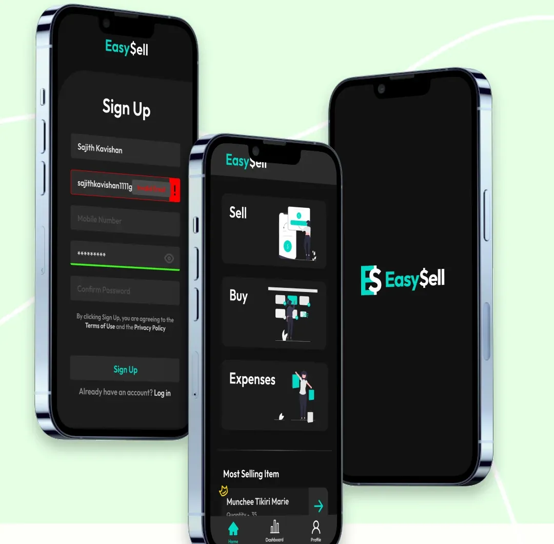 EasySell sign-up and home screens on three iPhones