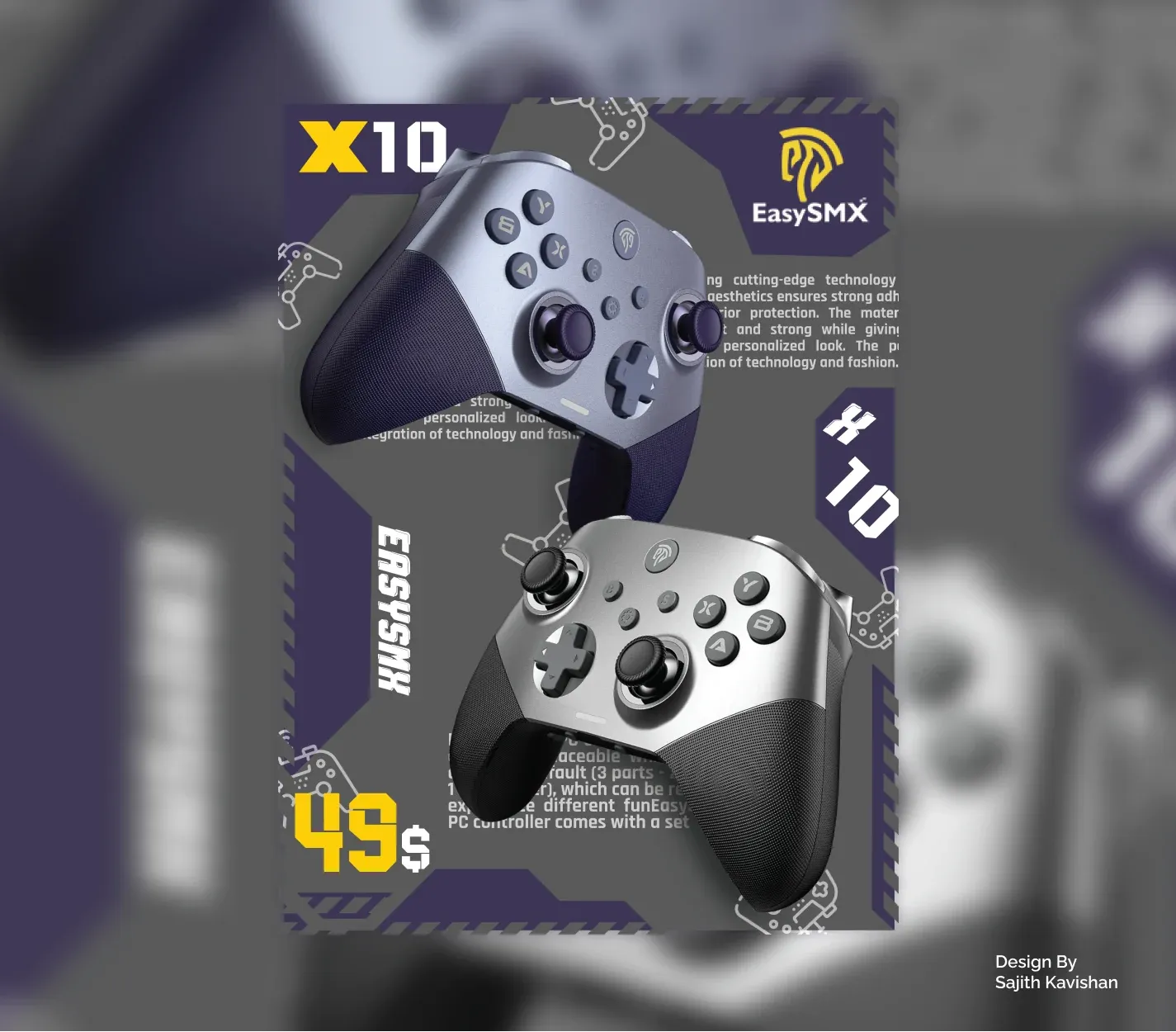 EasySMX X10 poster: two controllers on a purple and grey tech layout with the X10 mark and a $49 price