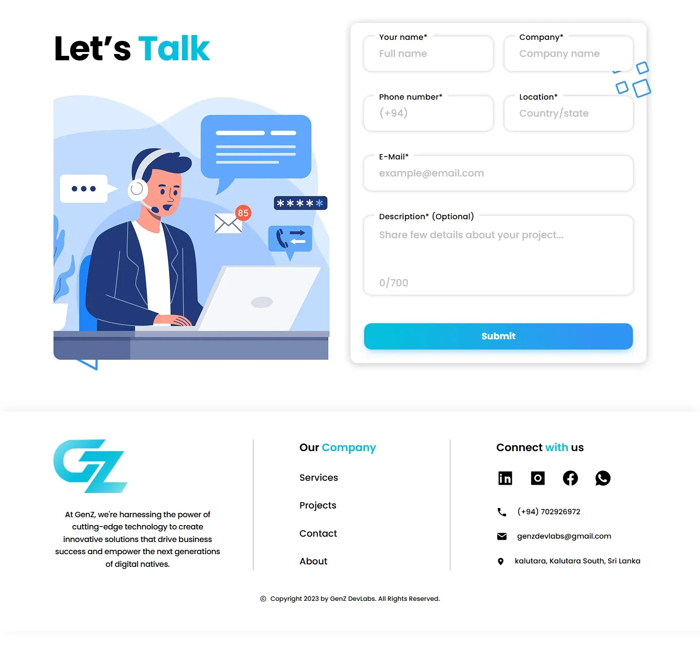 Let's Talk contact form beside a support illustration, and the site footer with links and contact details