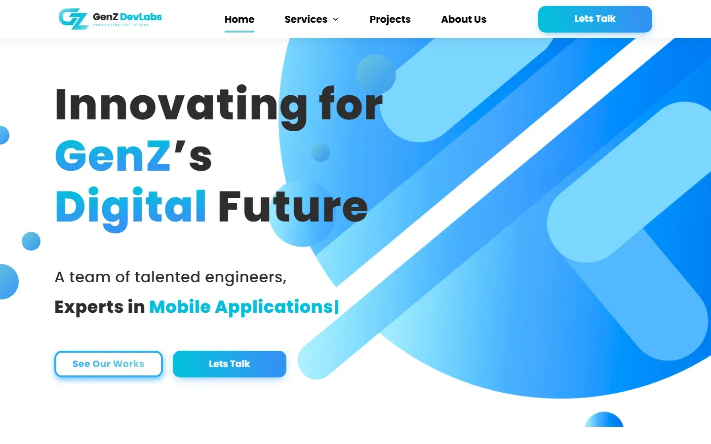 GenZ DevLabs homepage hero: "Innovating for GenZ's Digital Future" headline beside large blue gradient shapes, with See Our Works and Lets Talk buttons