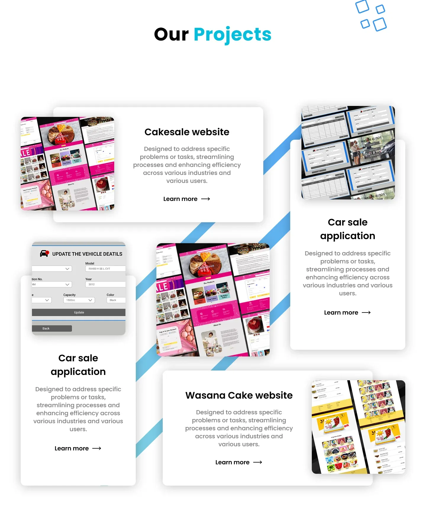 Our Projects section: cake shop websites and a car sale application shown as overlapping cards with screen collages