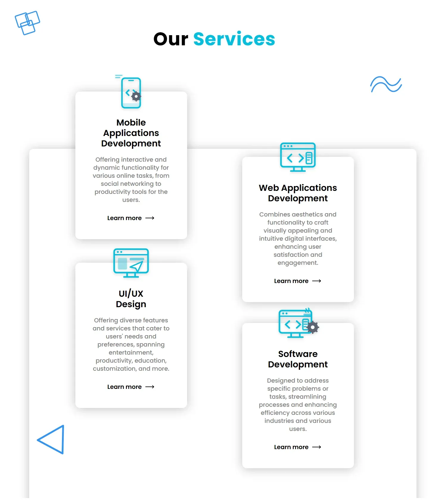 Our Services section with four staggered cards for mobile, web, UI/UX and software development