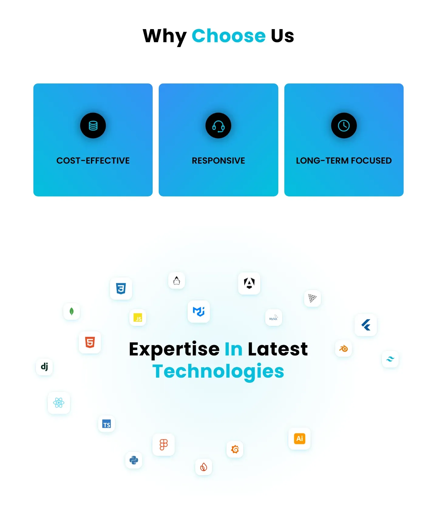 Why Choose Us gradient tiles above a floating cloud of technology icons around "Expertise In Latest Technologies"