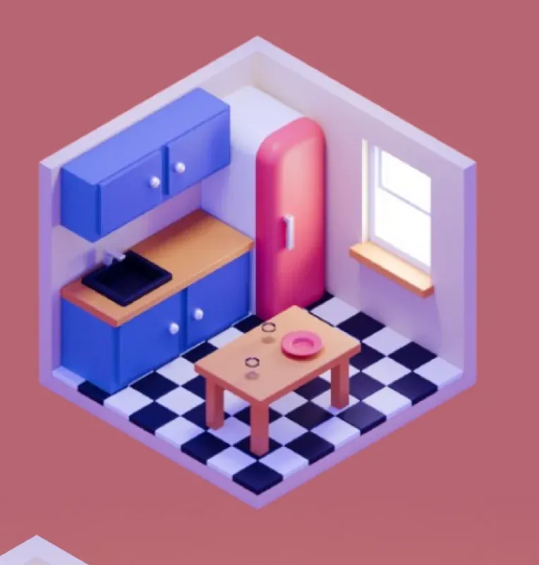 Low-poly isometric kitchen render with blue cabinets, a pink fridge and a checkered floor