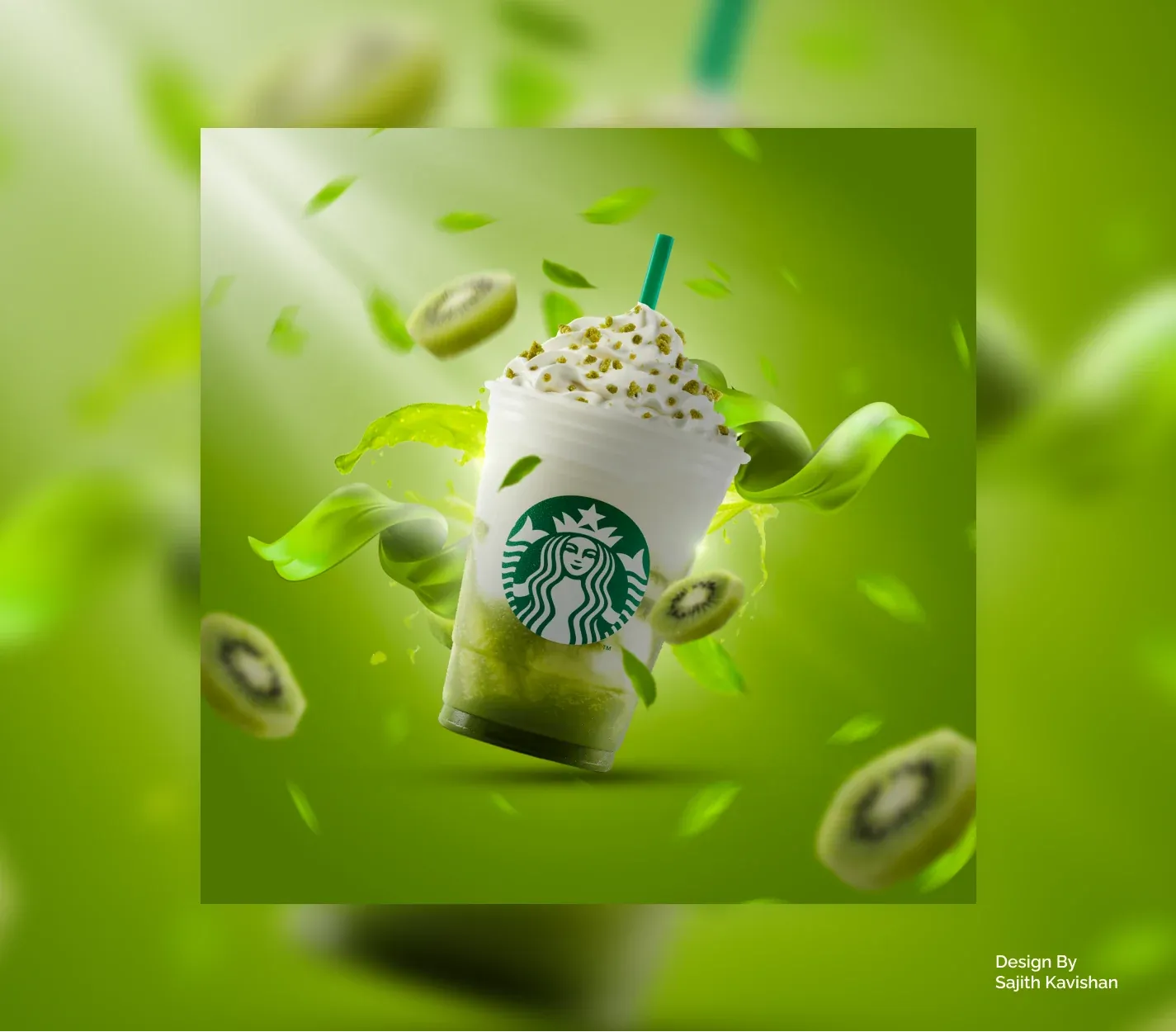 Starbucks kiwi frappuccino floating among kiwi slices, flying leaves and a green juice splash