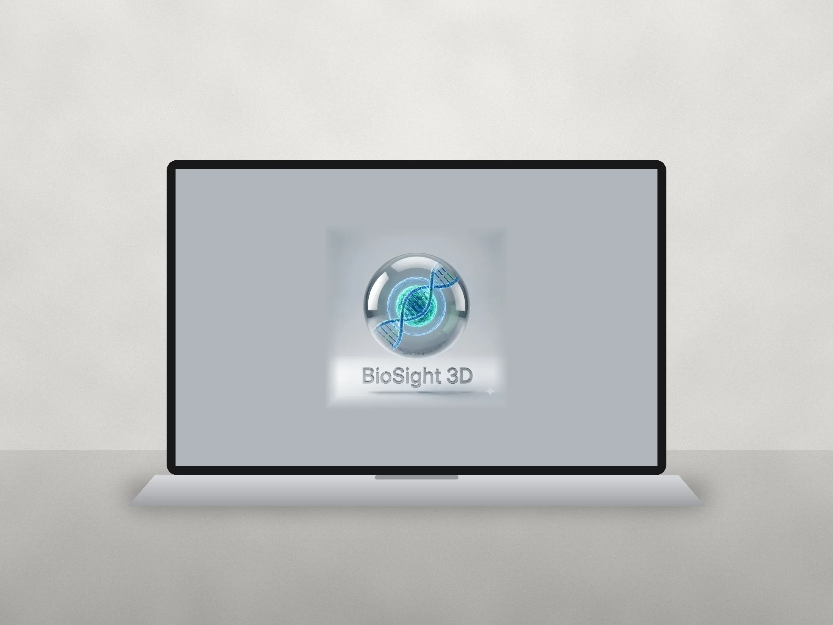 Glass sphere logo holding a DNA helix and a glowing cell, shown as a mockup