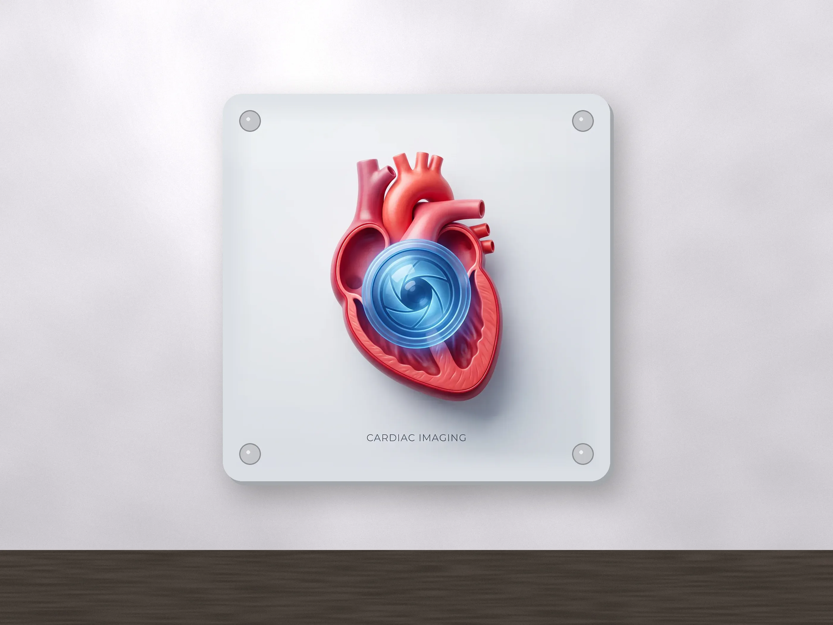 3D heart with a blue camera-aperture lens at its centre, shown as a mockup