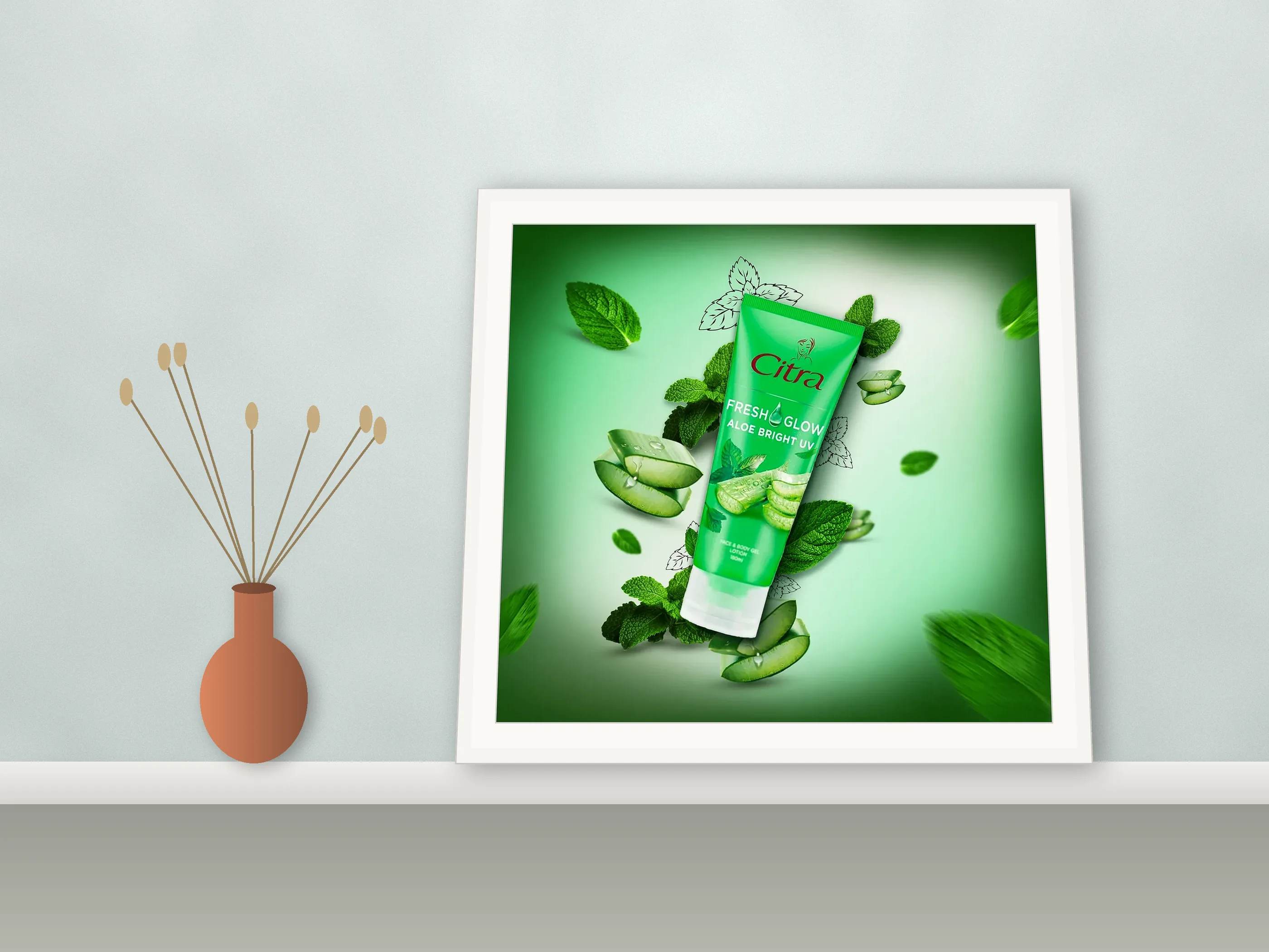 Green face gel tube floating among aloe slices and mint leaves, shown as a mockup