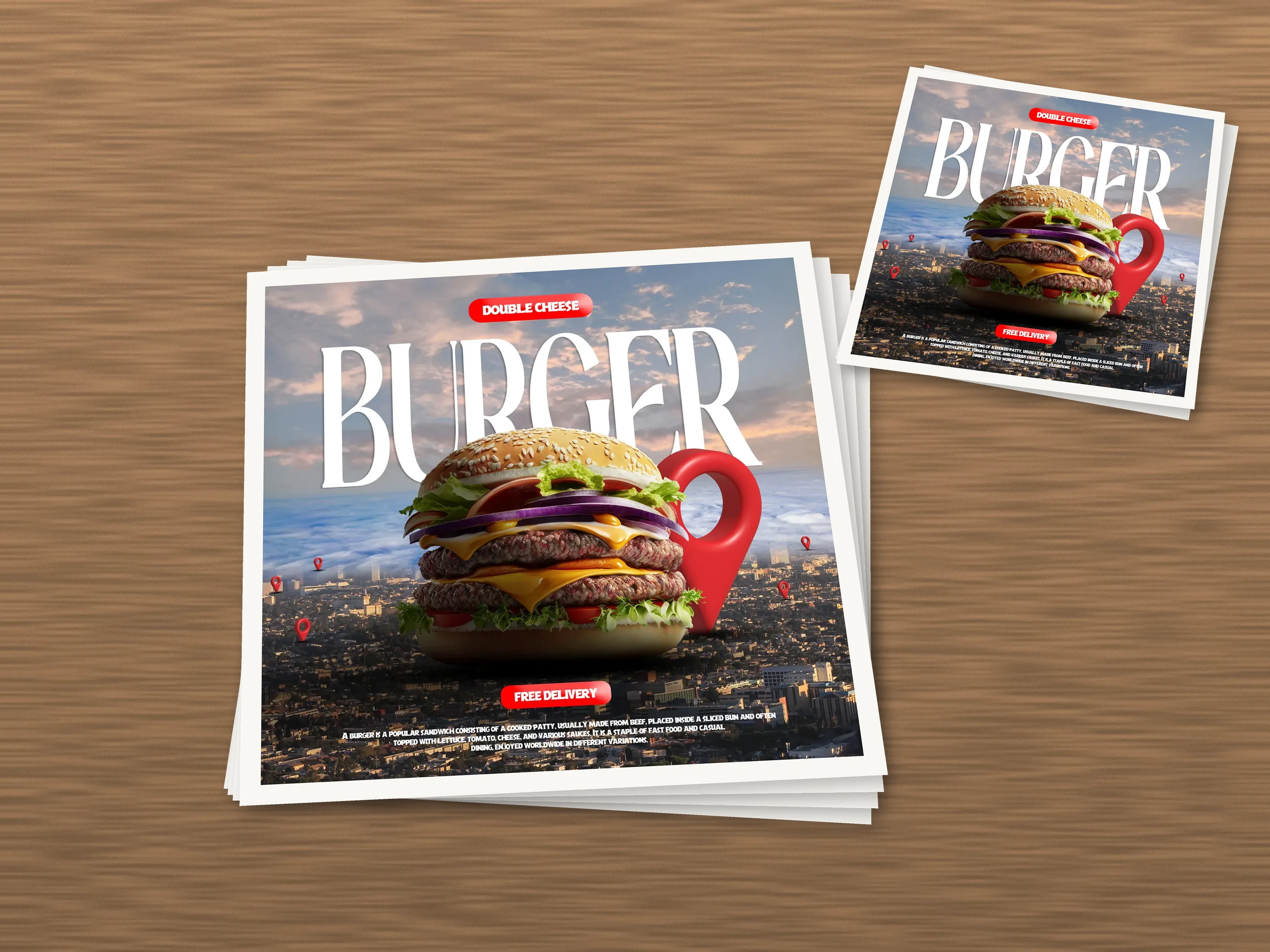 Giant double cheeseburger towering over a city with map pins, shown as a mockup