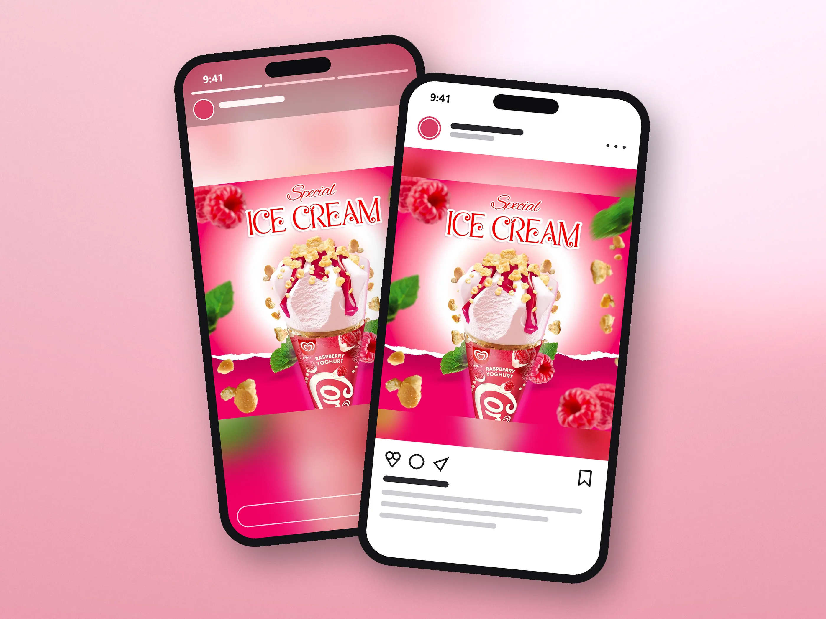 Raspberry yoghurt ice cream cone with crumble and flying raspberries, shown as a mockup