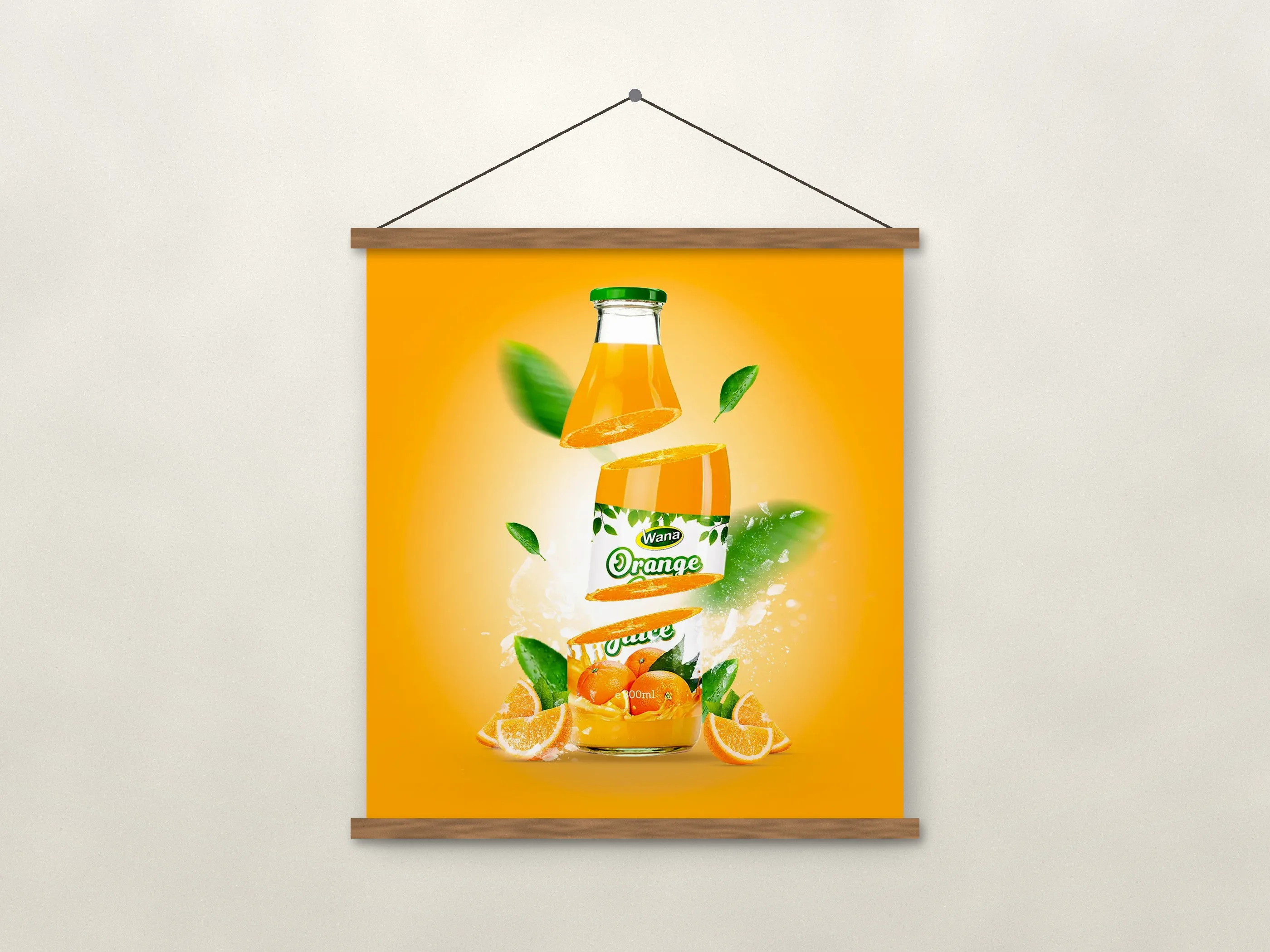 Orange juice bottle sliced into floating layers with oranges and leaves, shown as a mockup