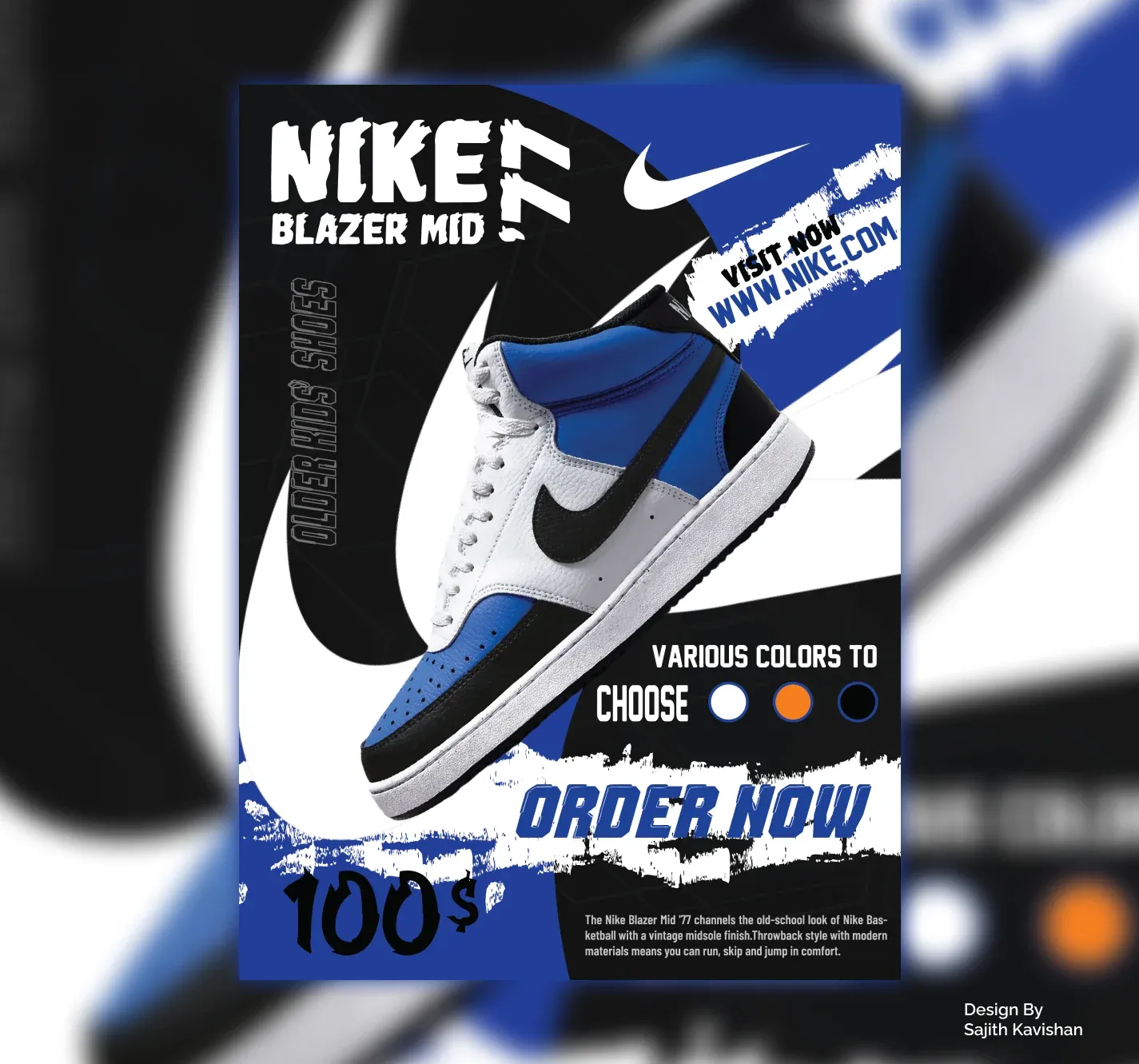 Nike Blazer Mid ’77 poster: the blue and white sneaker over a bold swoosh with colour options and an Order Now call to action