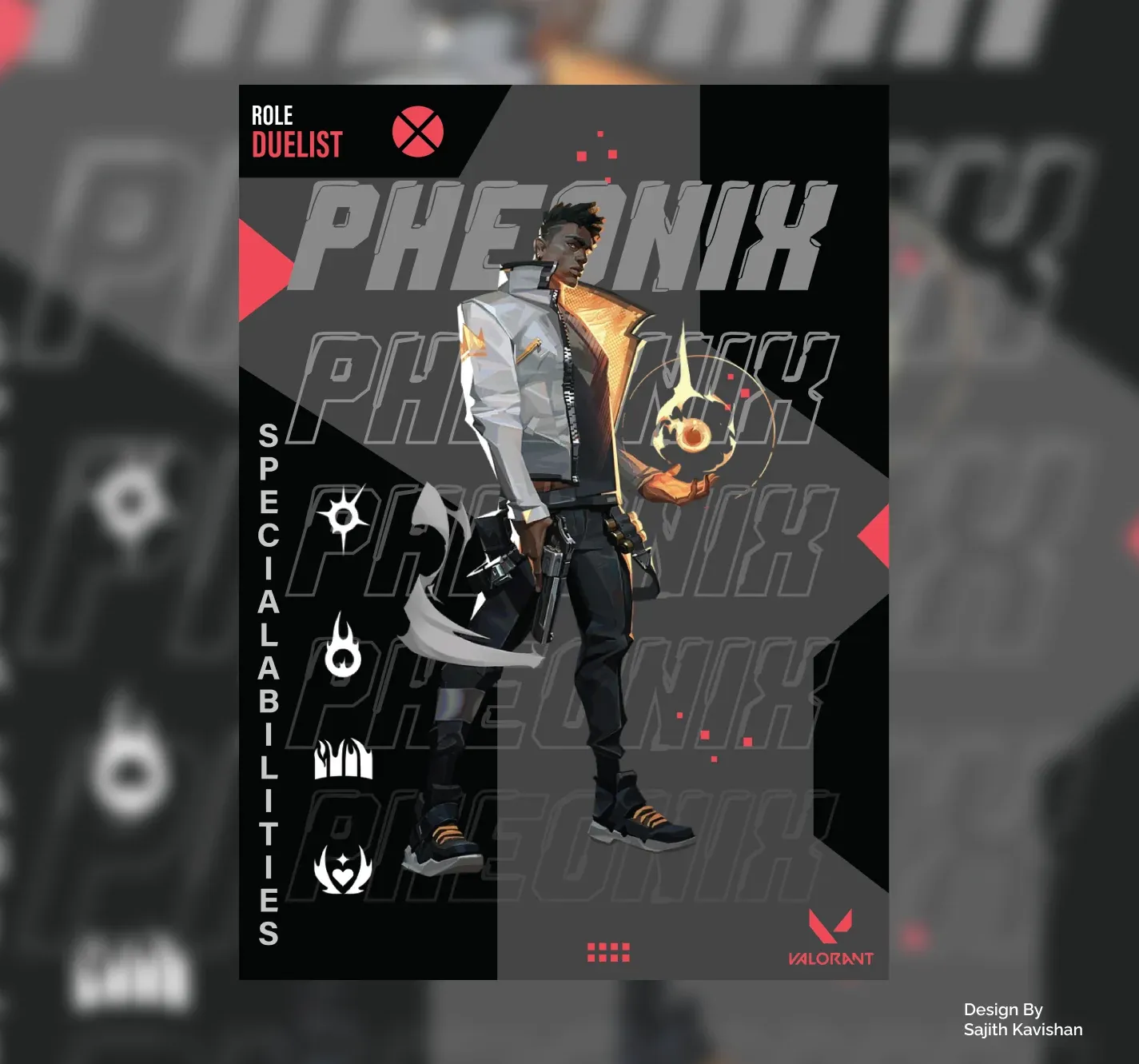 Phoenix poster: the Valorant duelist against layered repeating type, with his role and ability icons listed down the side
