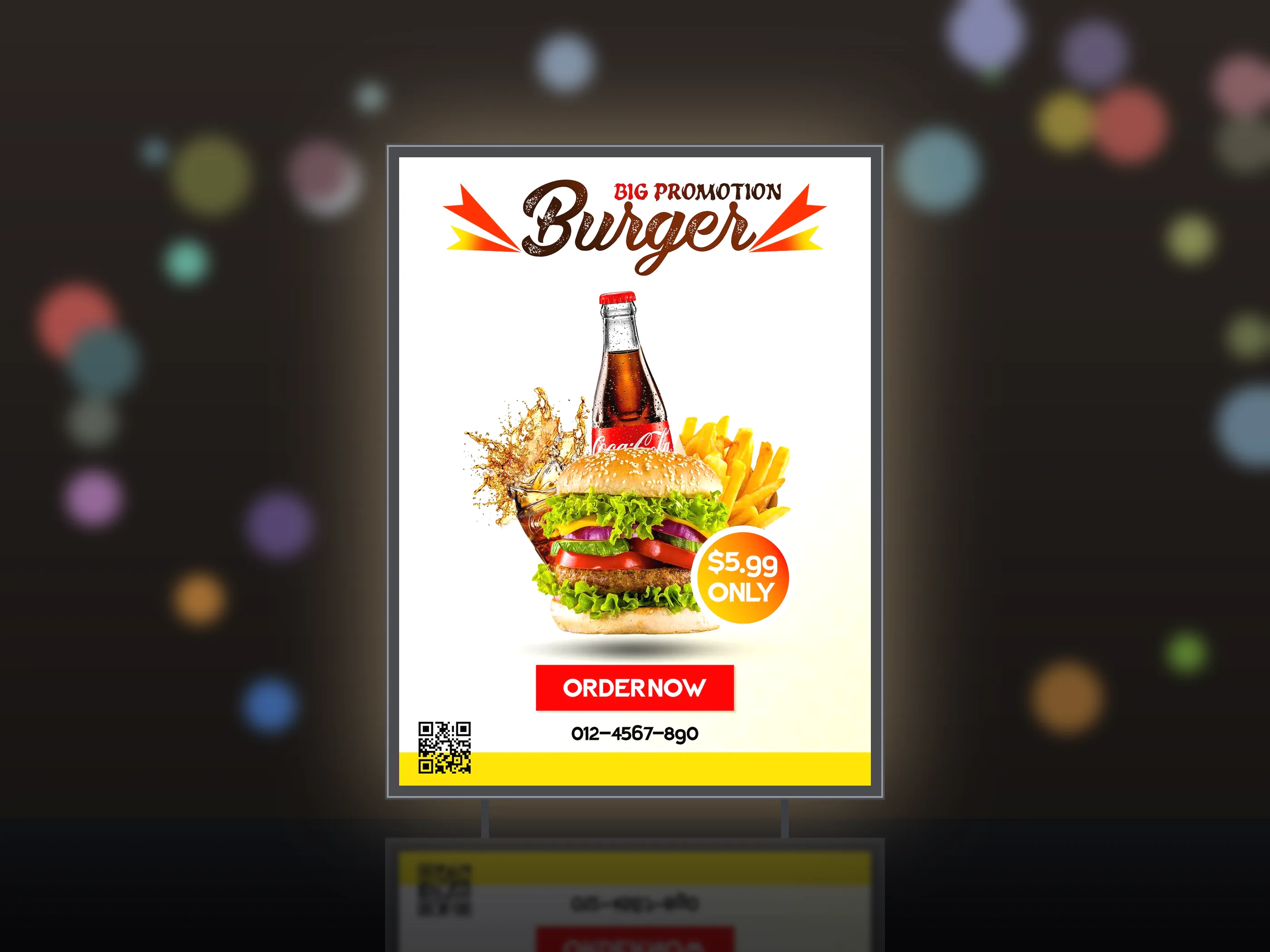 Burger, fries and cola promo poster with price badge and order button, shown as a mockup