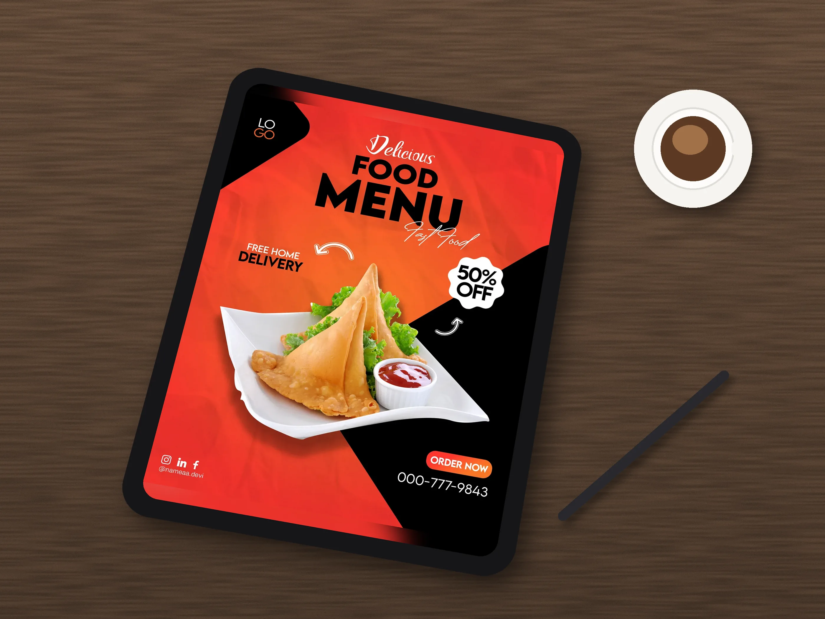 Samosas with dip on a red and black 50% off food menu poster, shown as a mockup