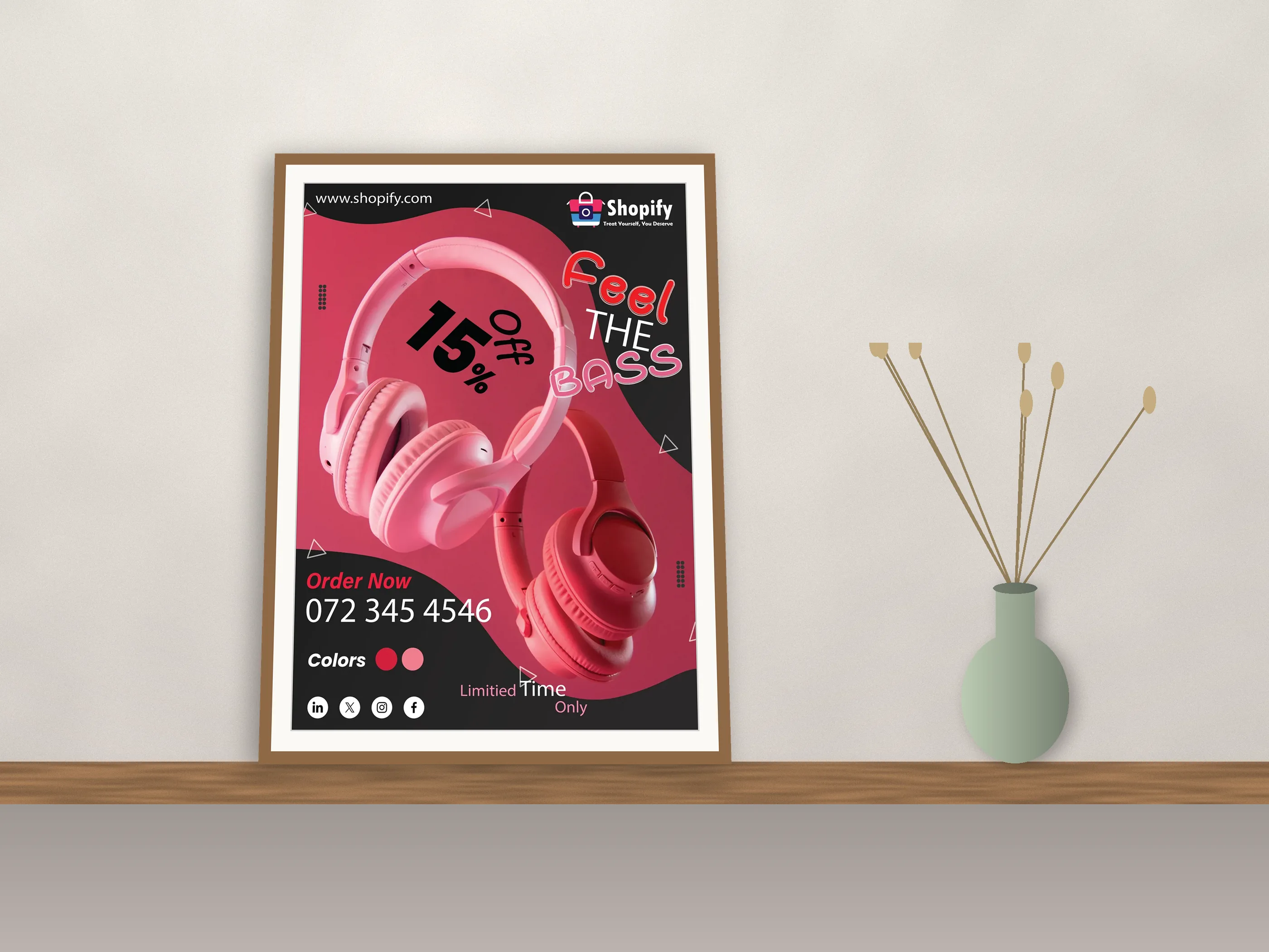Pink over-ear headphones on a 15% off sale poster, shown as a mockup