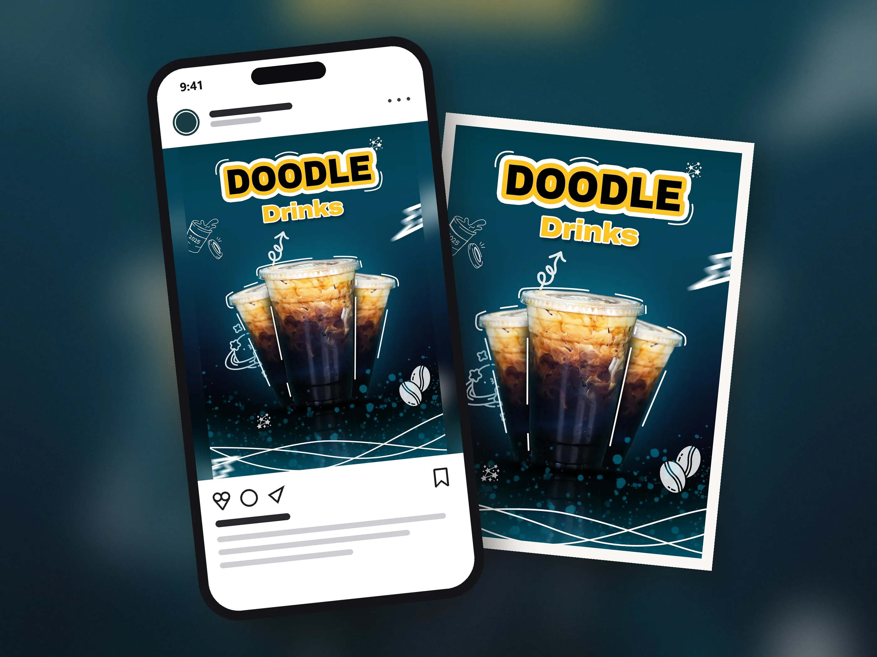 Three iced coffees with hand-drawn doodles on a dark teal poster, shown as a mockup