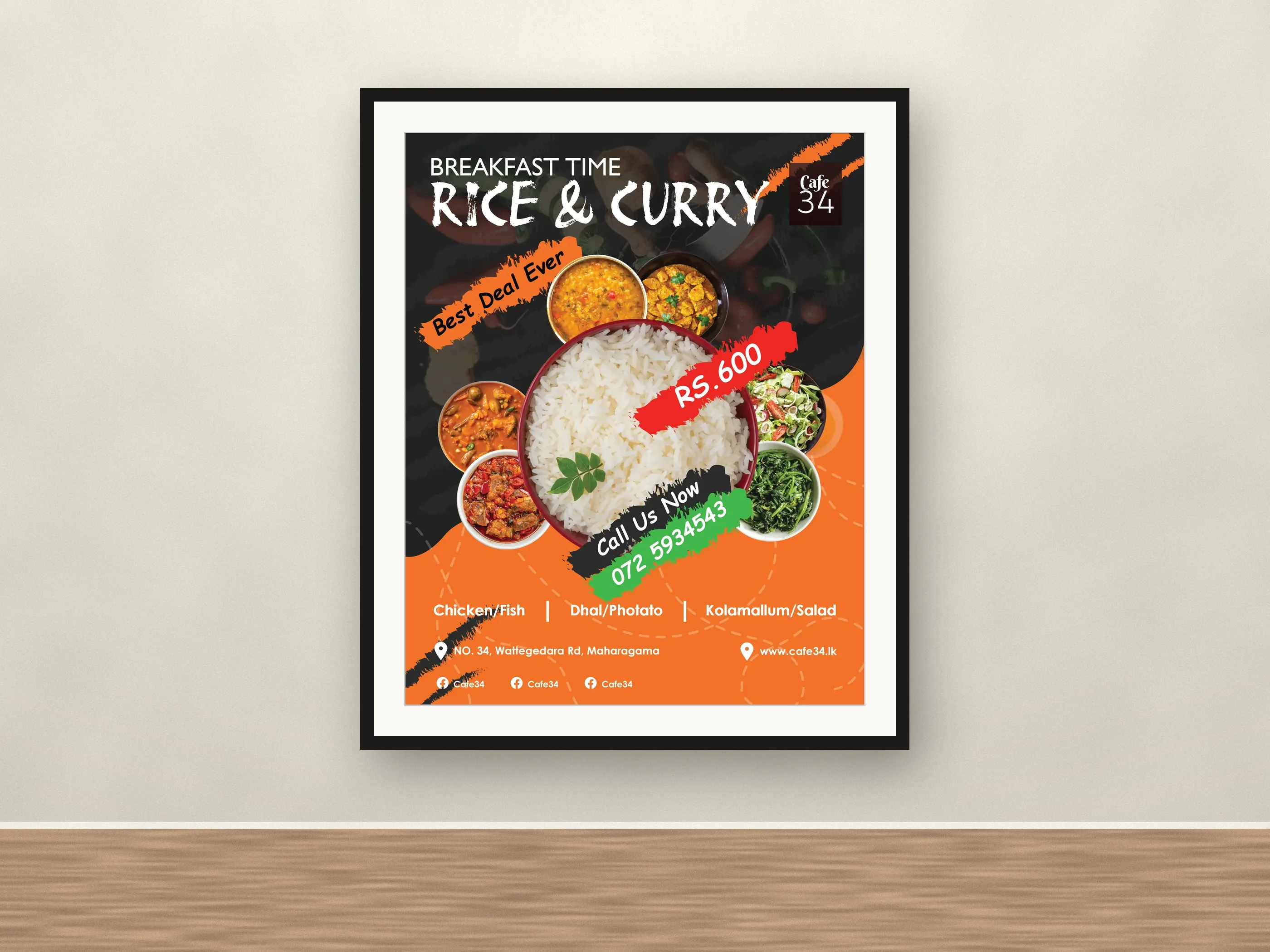 Rice and curry breakfast deal poster with curry bowls around a rice plate, shown as a mockup