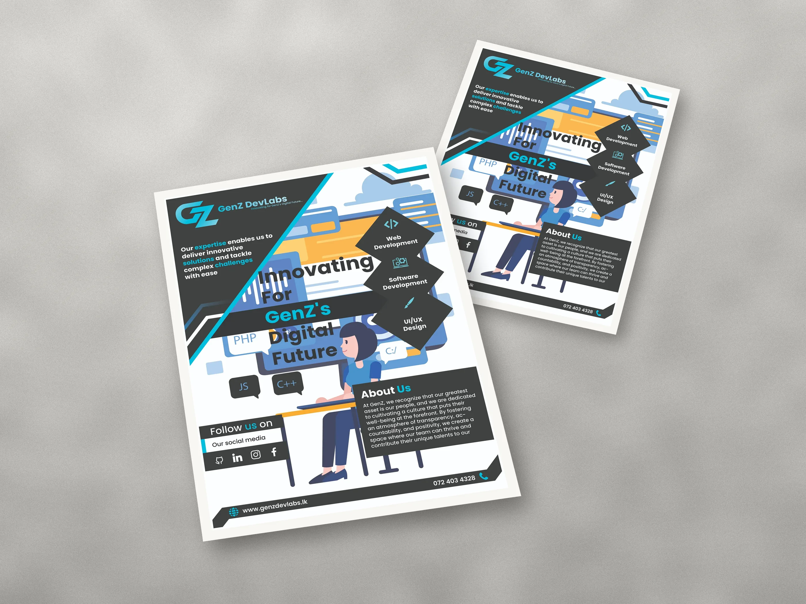 Software studio poster listing web, software and UI/UX design services, shown as a mockup