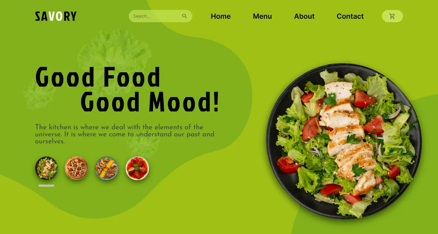 Restaurant landing page hero in green: "Good Food Good Mood!" headline beside a plate of chicken salad, with dish thumbnails below