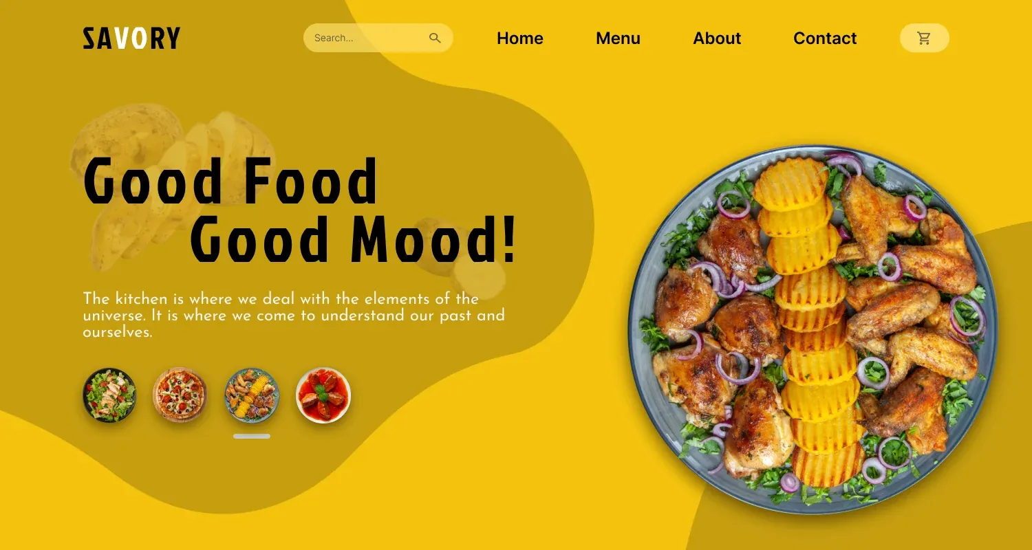 The same landing page recoloured in yellow, featuring a platter of grilled chicken and potatoes