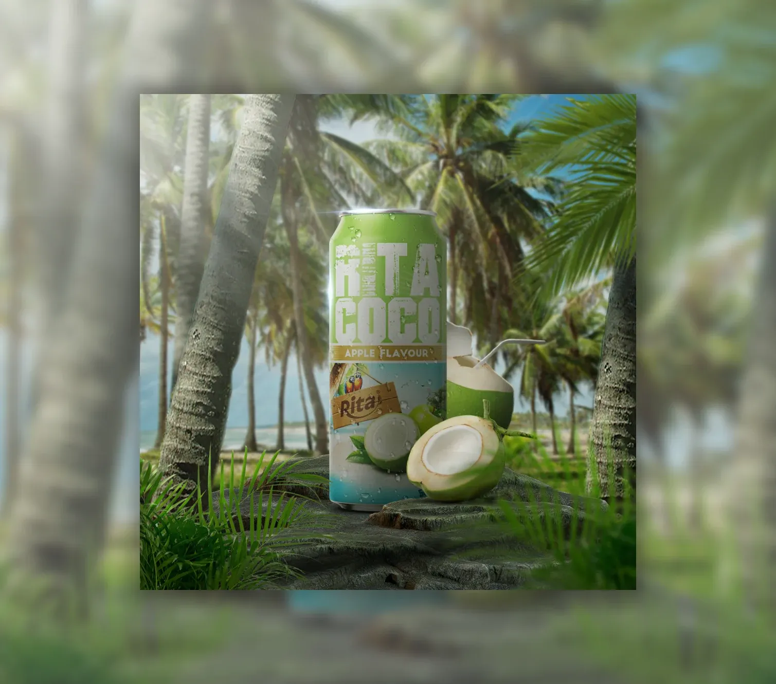 Rita Coco apple-flavour can composited on a mossy rock in a sunlit coconut grove, beside a fresh coconut
